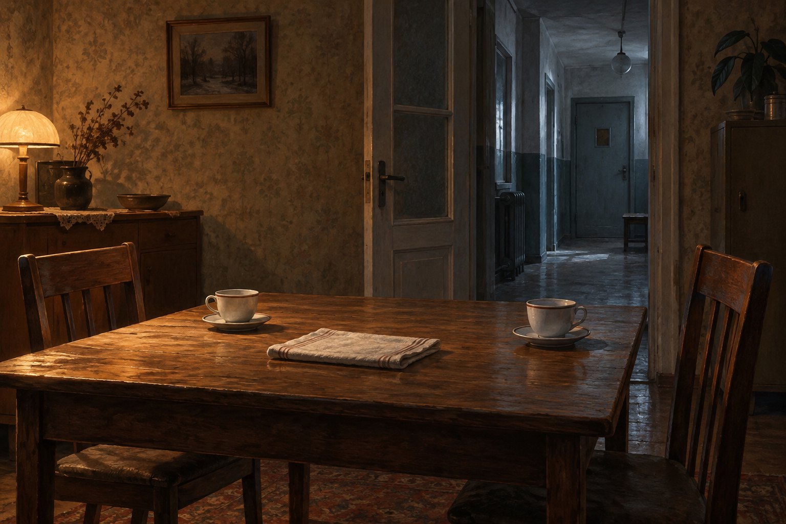 Conceptual illustration of two empty chairs and teacups at a warmly lit dining table beside a cold, shadowy corridor.