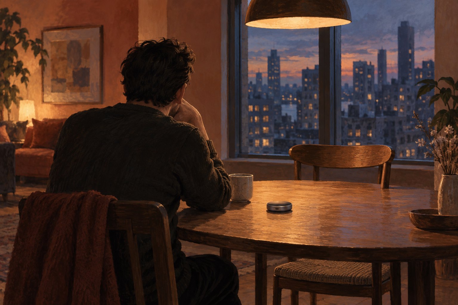 A painterly illustration of a solitary man beside a small audio device and an empty chair in a city apartment at twilight.