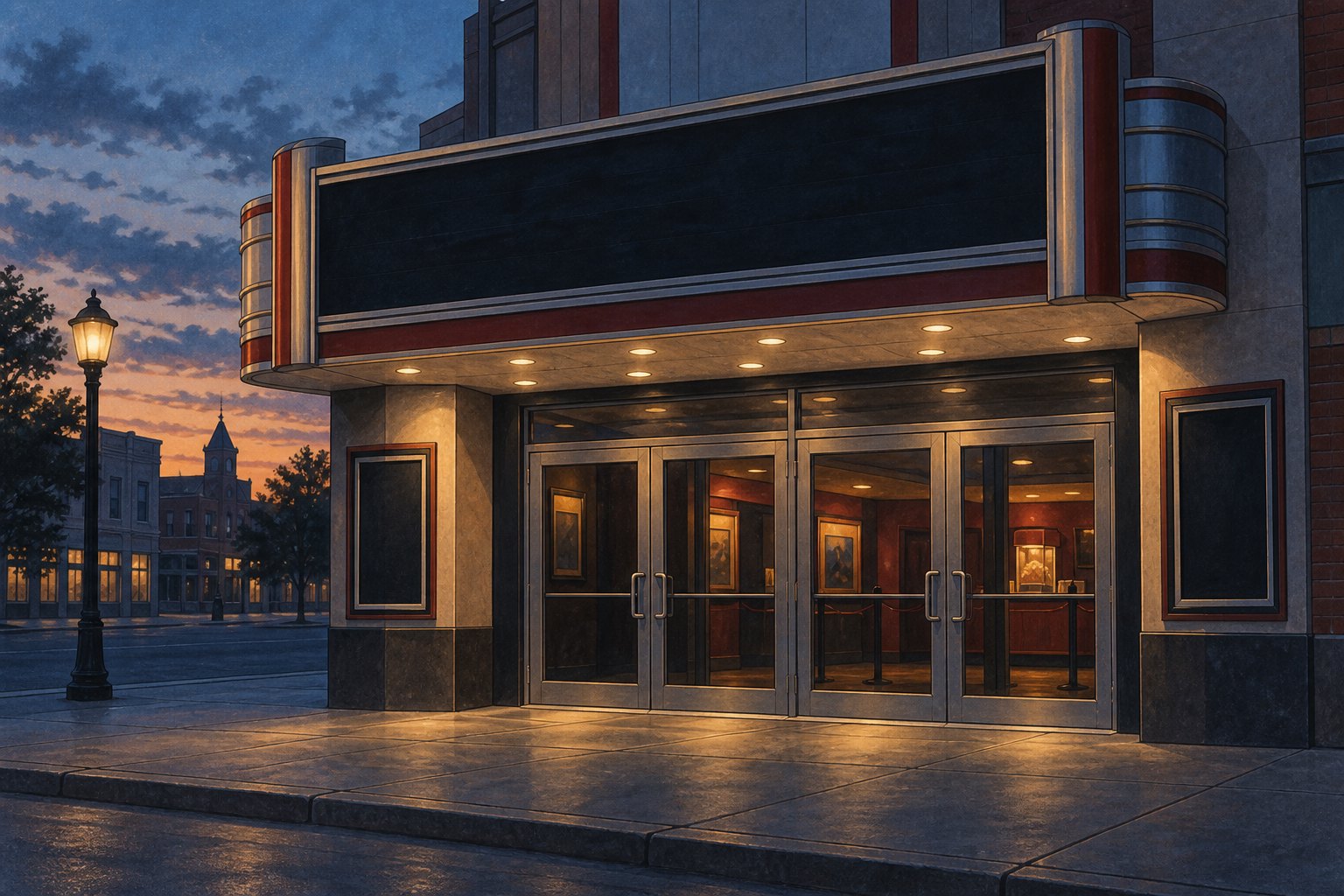 Conceptual illustration of an unbranded movie theater with closed glass doors and a blank marquee at dusk.