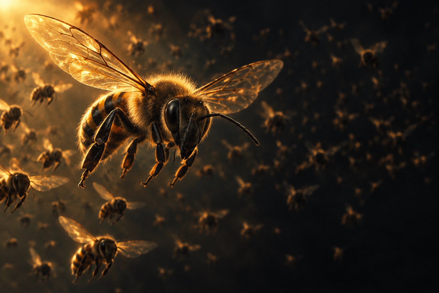 Conceptual illustration of an amber-lit bee flying ahead of a swarm against a dark background.