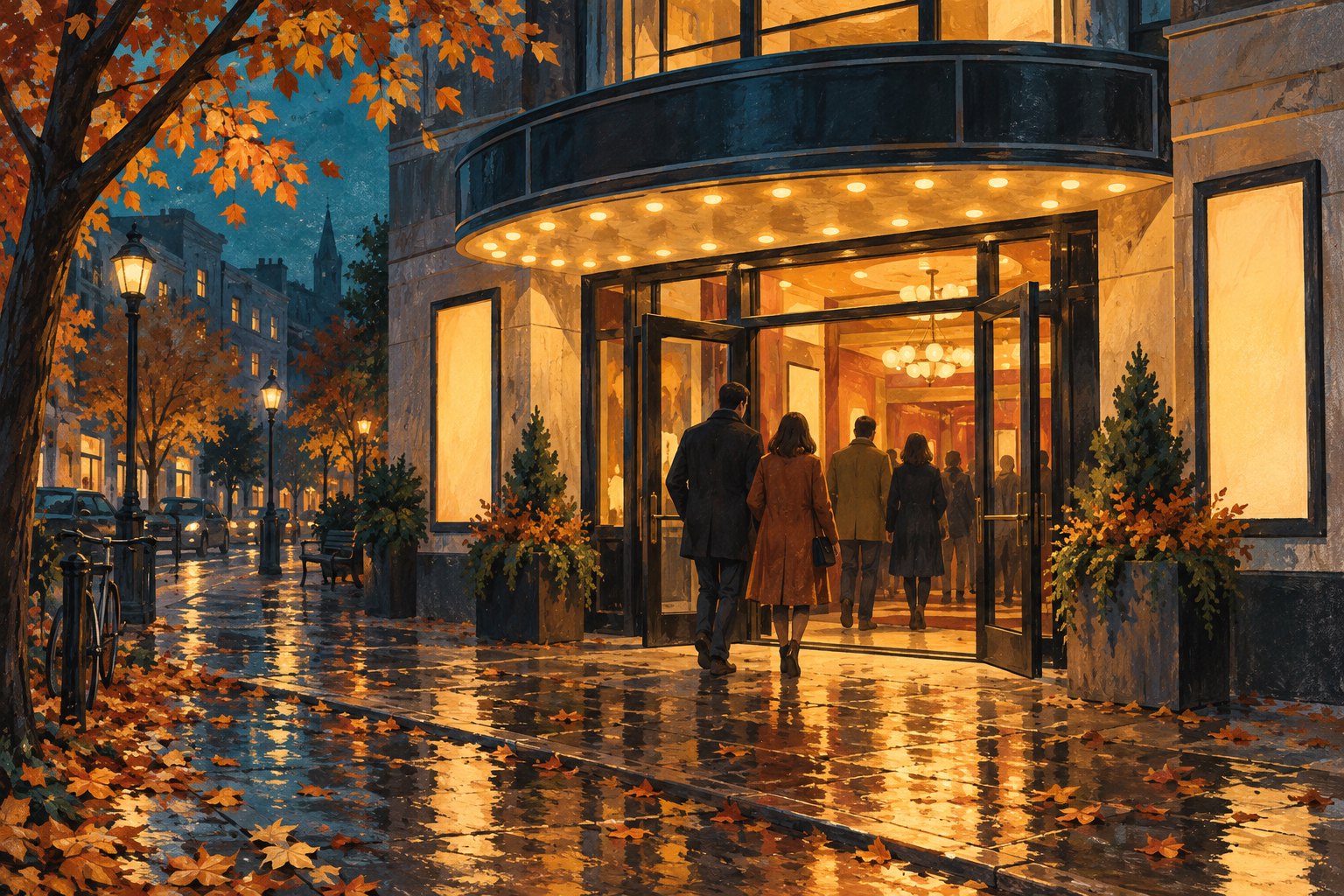 Moviegoers enter a warmly lit cinema on an autumn evening in a painterly illustration.