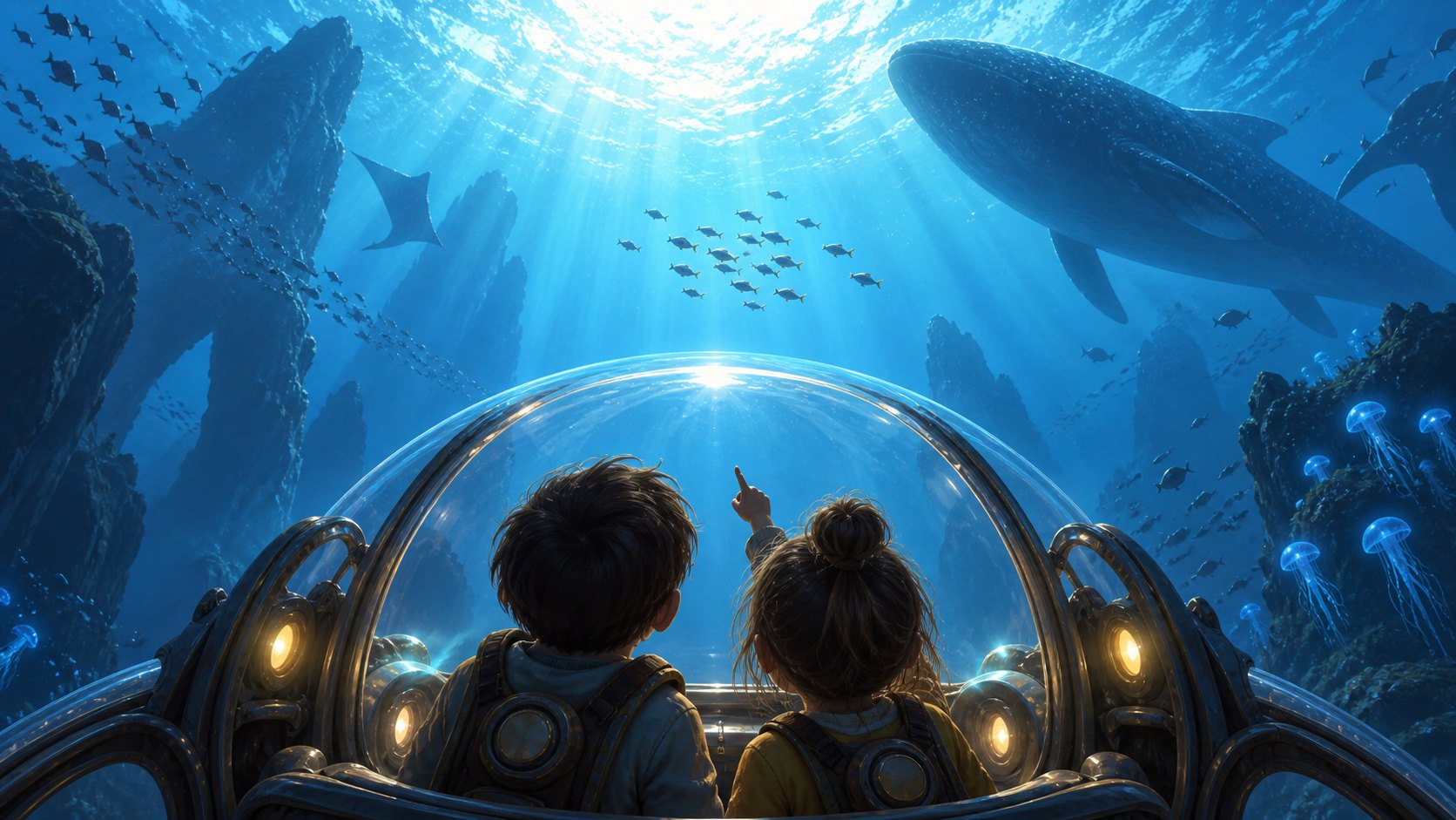 兩名探險者坐在透明觀景艙內仰望魚群與大型海洋生物,為童年冒險想像示意,非電影劇照