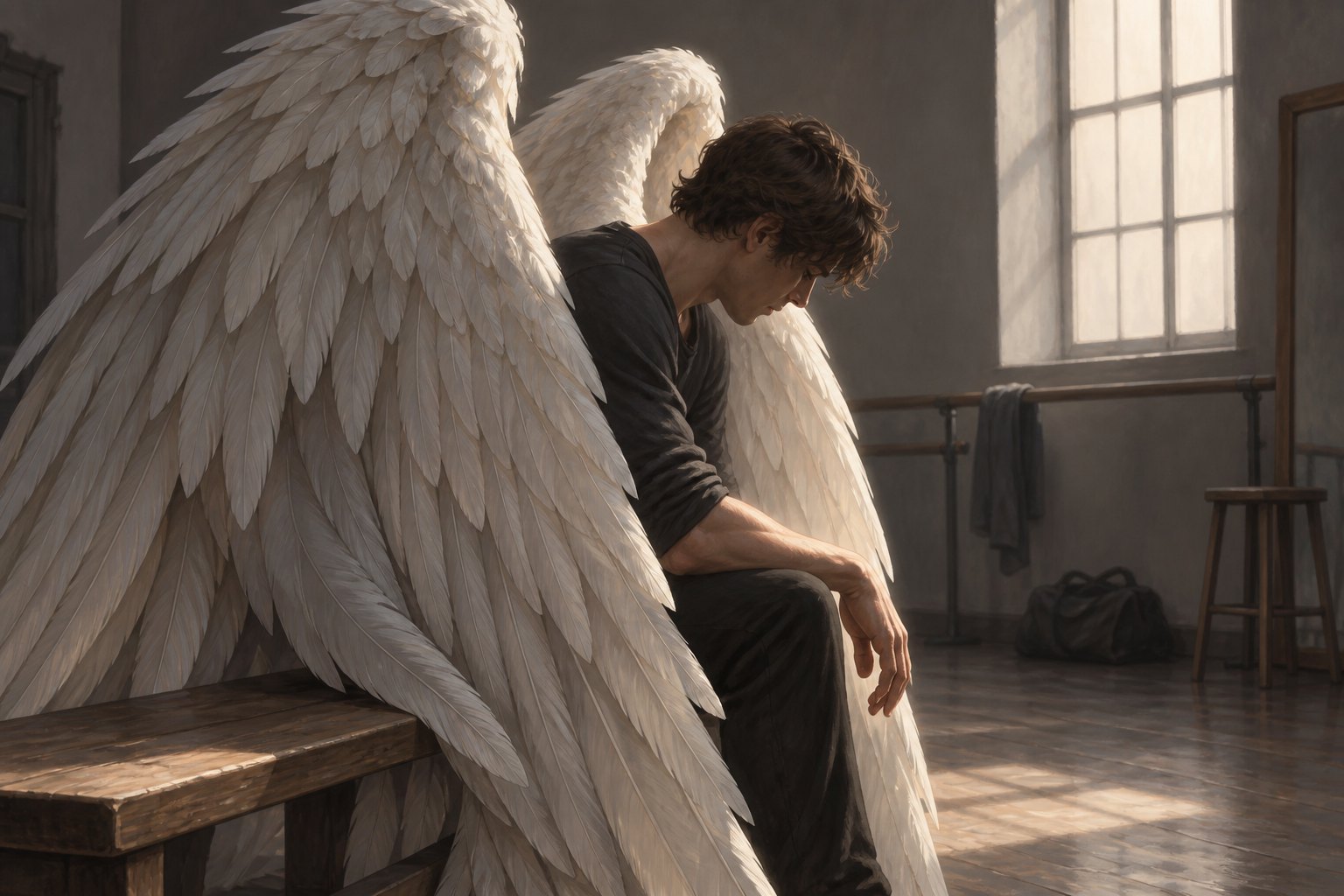 Conceptual illustration of a winged young man sitting with his head lowered on a wooden bench beside a sunlit window.
