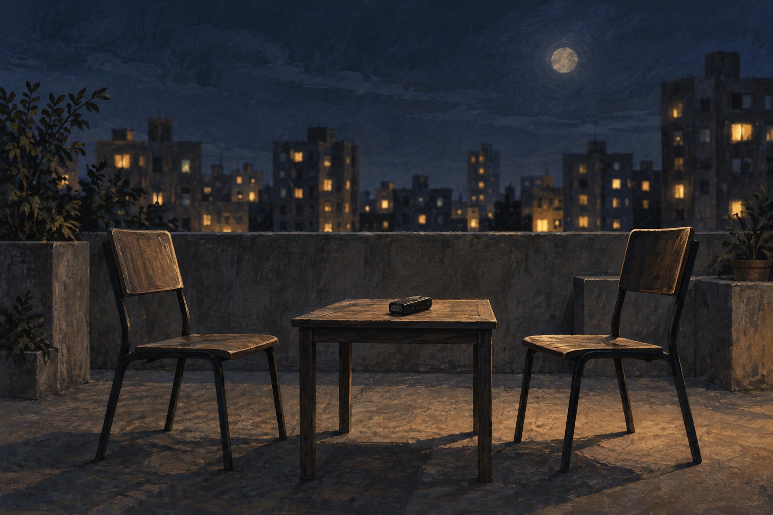 Conceptual illustration of two empty chairs and an audio recorder on a rooftop at night, with illuminated apartments in the background.