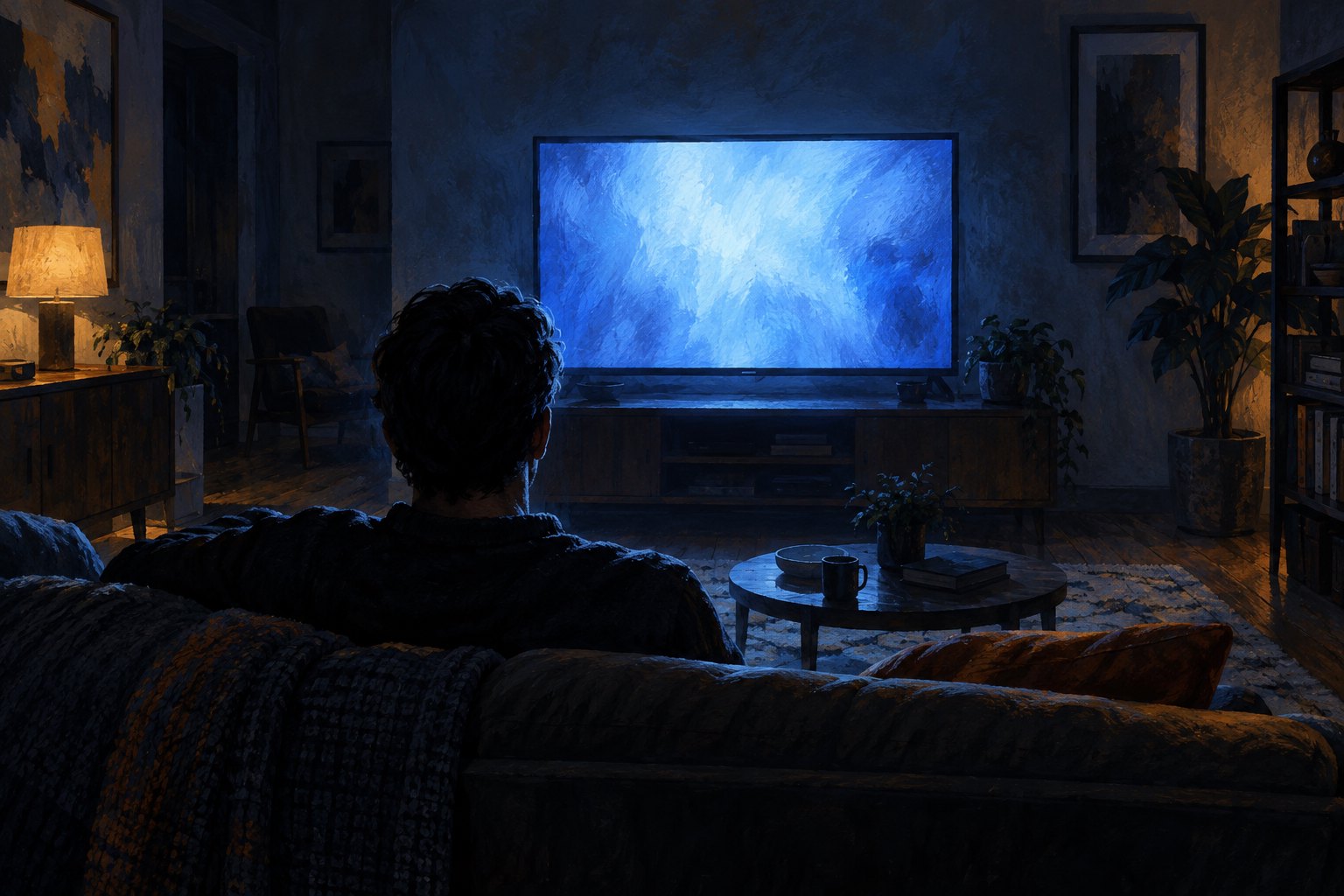 Conceptual illustration of an anonymous viewer watching a glowing television in a dark living room.