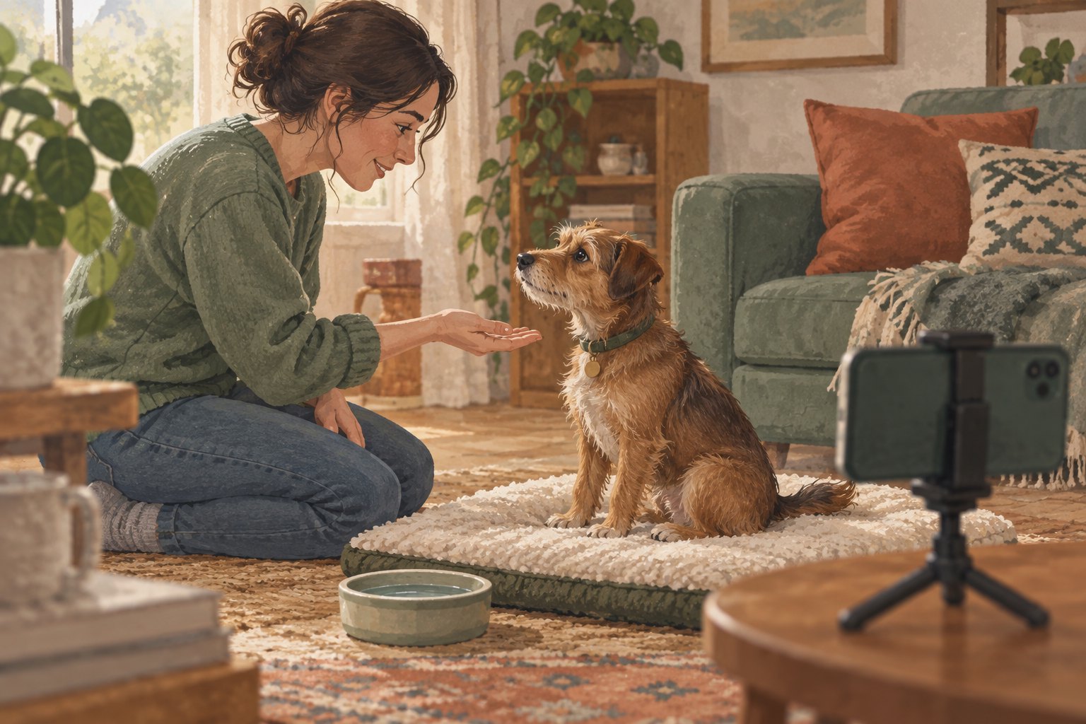 Conceptual illustration of an owner practicing a calm hand cue with a dog while a smartphone records at home.