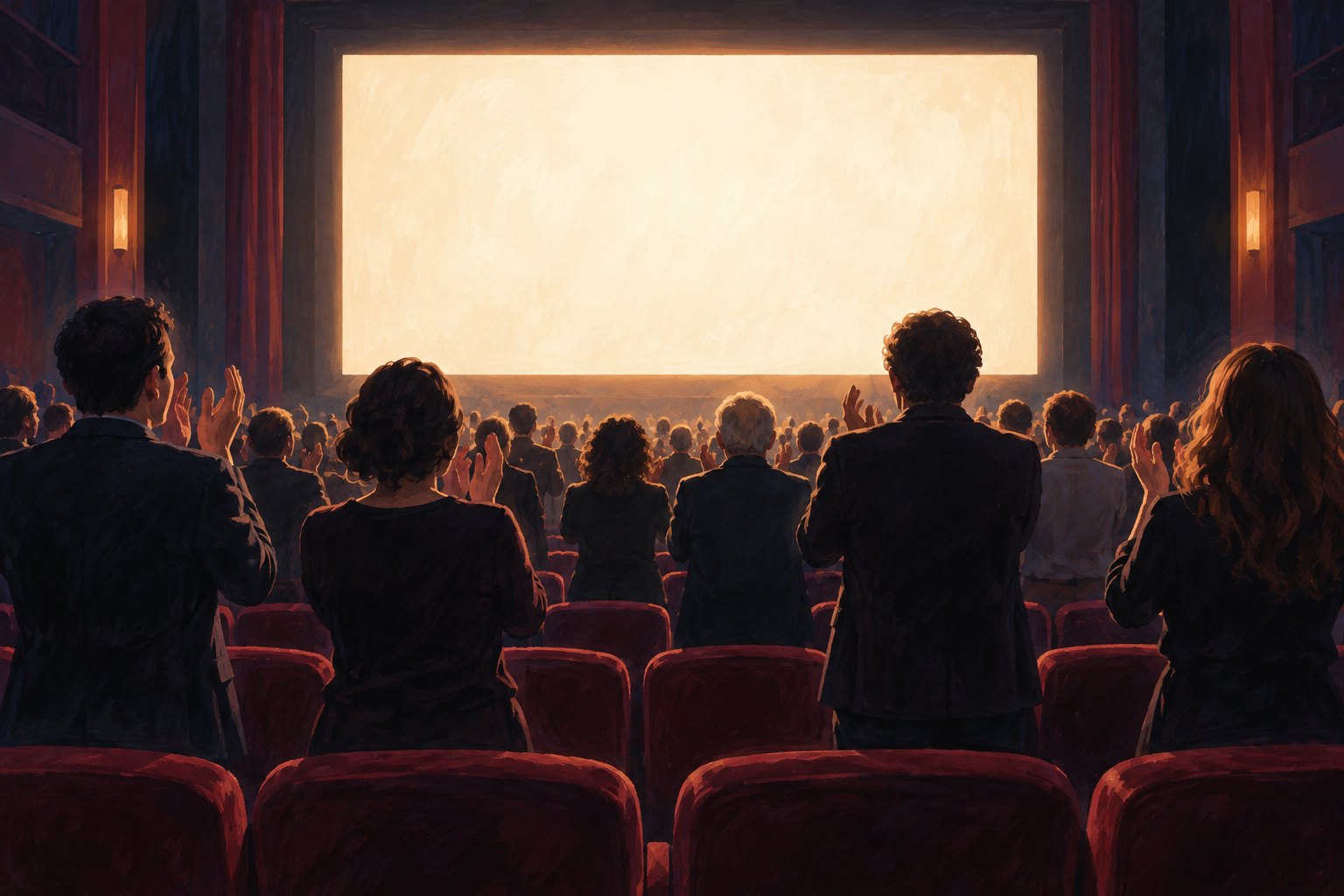 Editorial illustration of an anonymous cinema audience standing and applauding before a glowing blank screen.