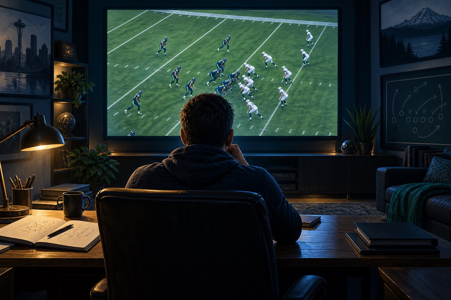 Illustration of a viewer studying football footage on a large screen in a dim room.