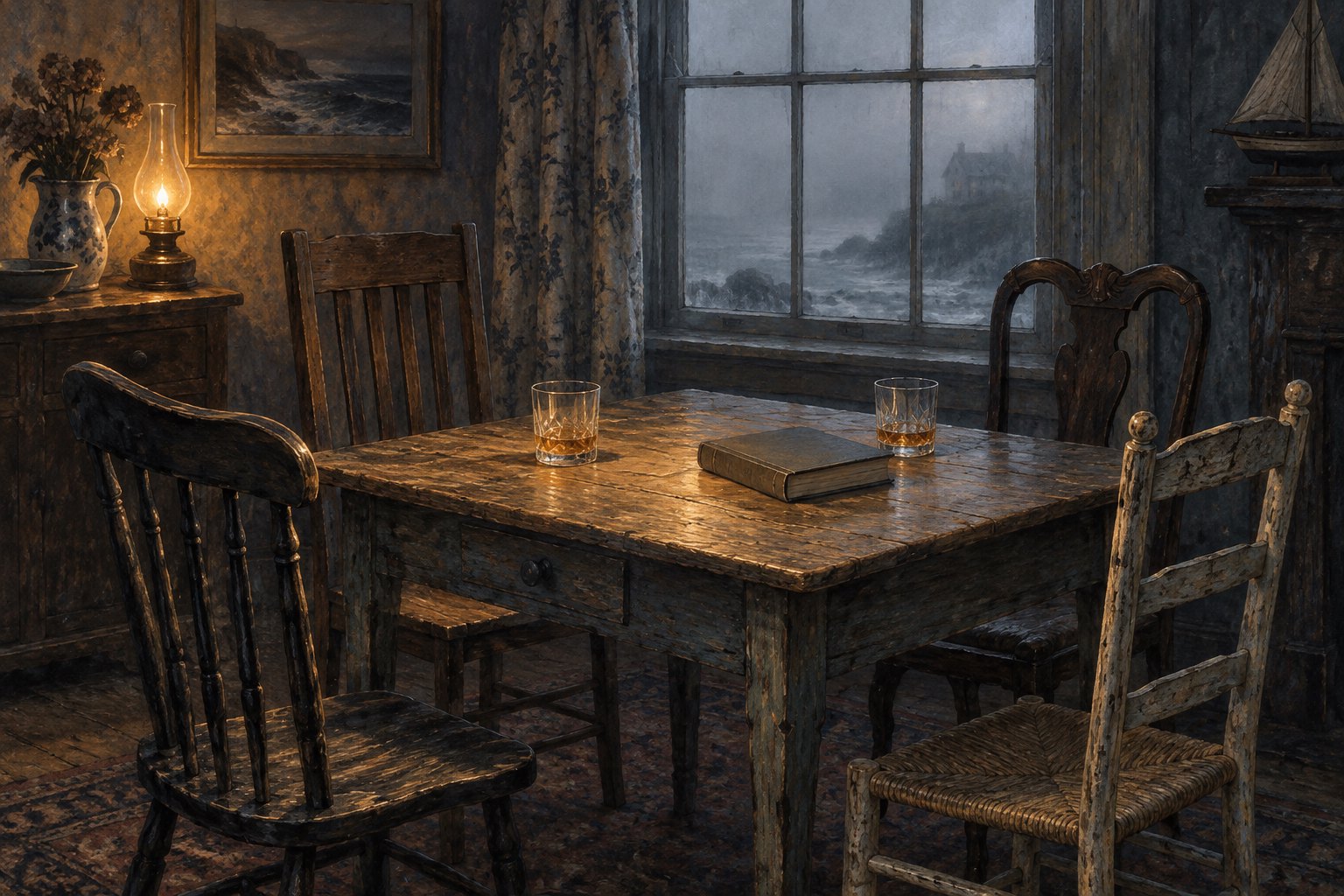 Conceptual illustration of four empty wooden chairs around a table with two whiskey glasses and a closed book beside a misty window.