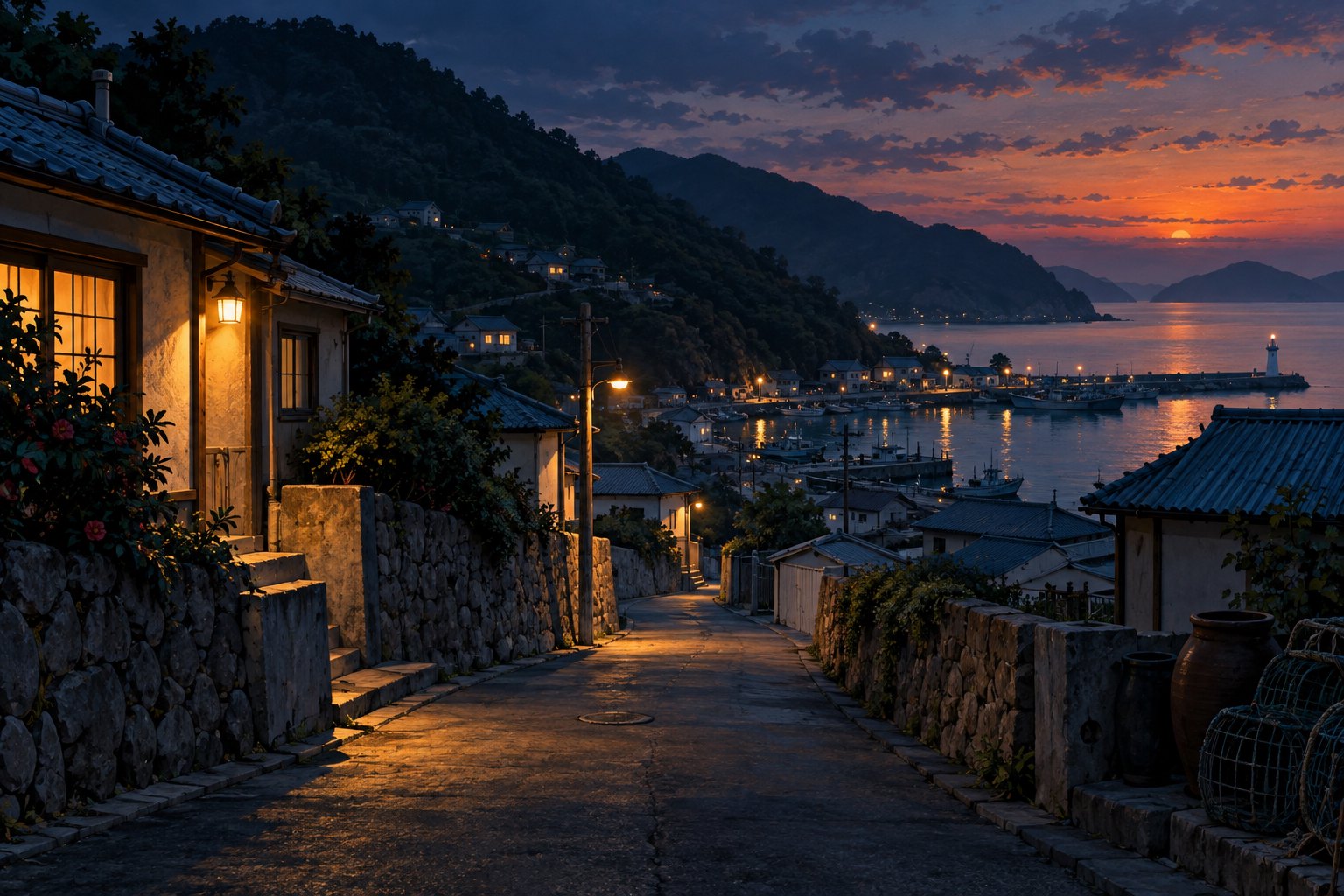 Original editorial illustration of a quiet Korean coastal village at dusk, with amber lights along a narrow road overlooking the harbor.