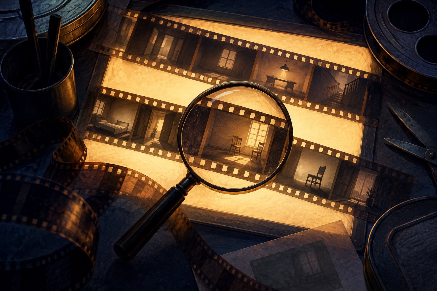 Conceptual illustration of a magnifying glass over film strips showing empty rooms on an illuminated editing table.