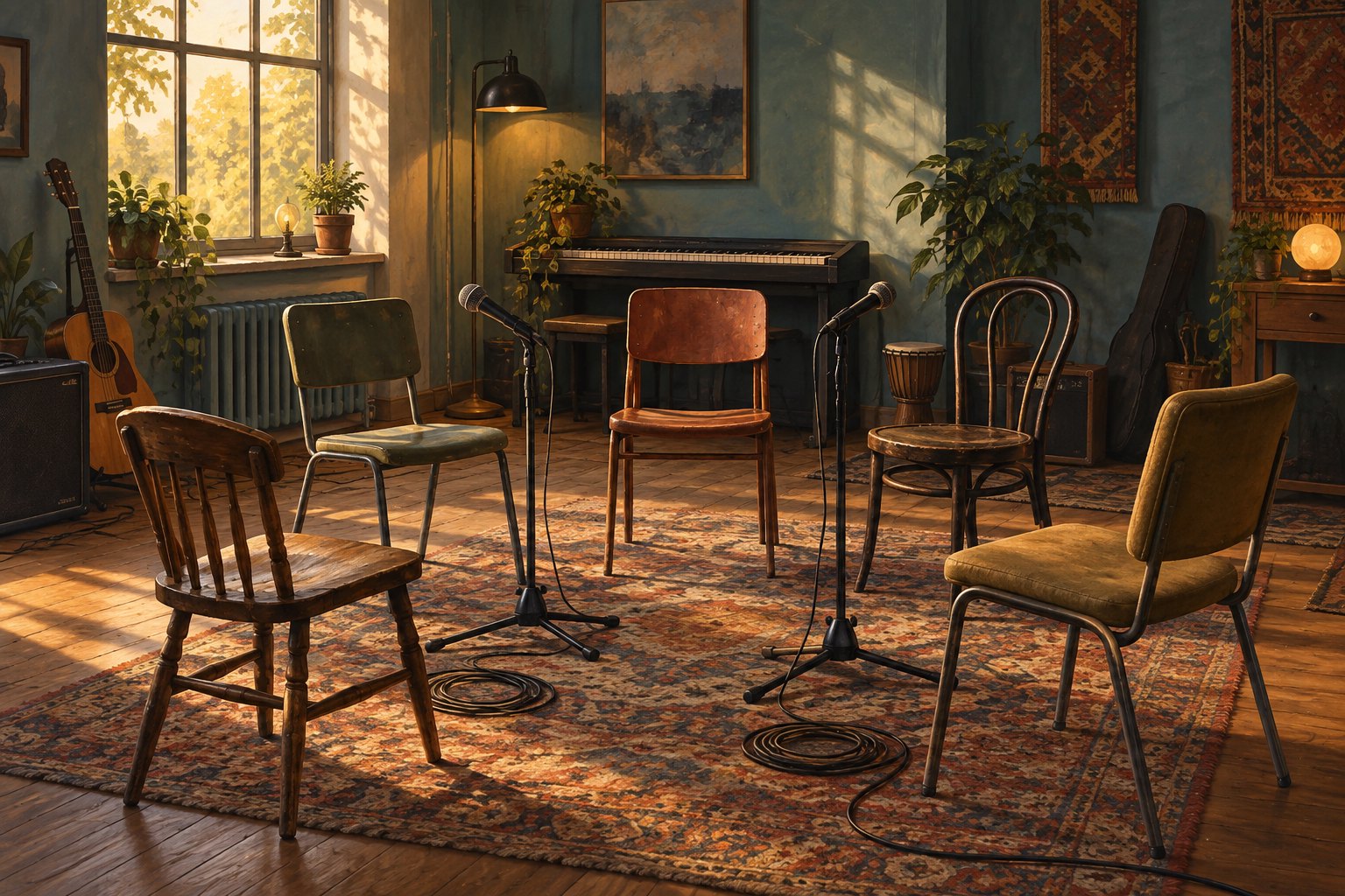Conceptual illustration of an empty rehearsal room with mismatched chairs, two microphones, and warm afternoon light.