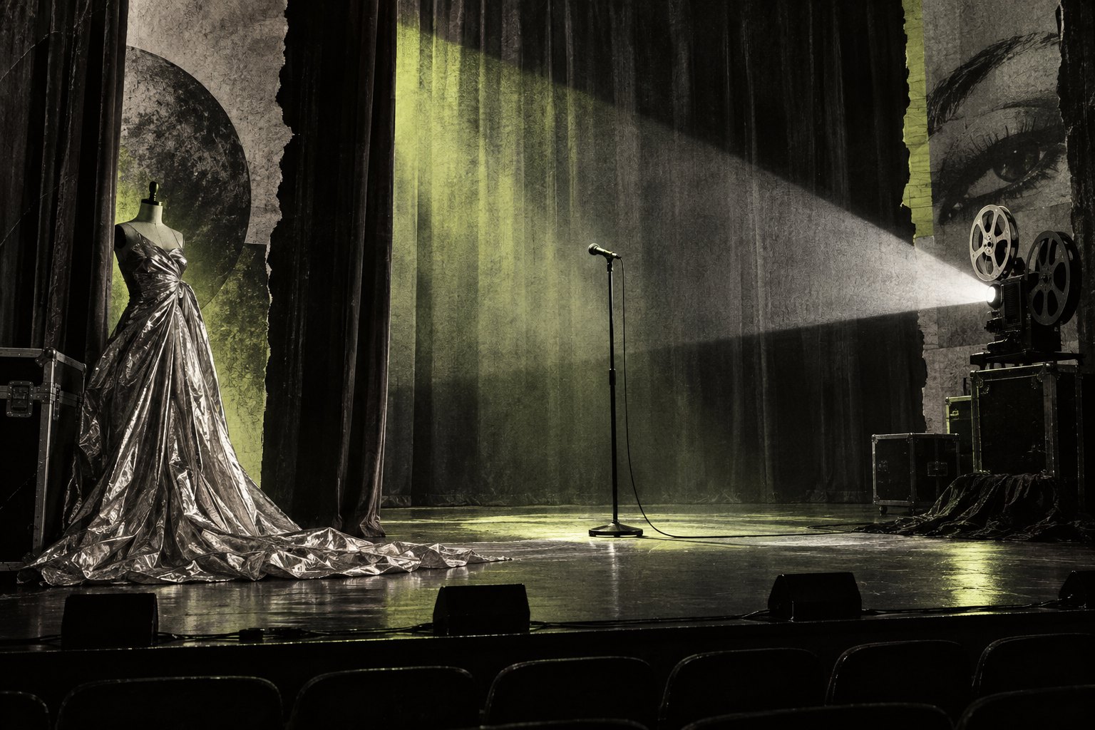 Conceptual illustration of a microphone, a silver gown on a dress form, and a film projector on a dark stage.