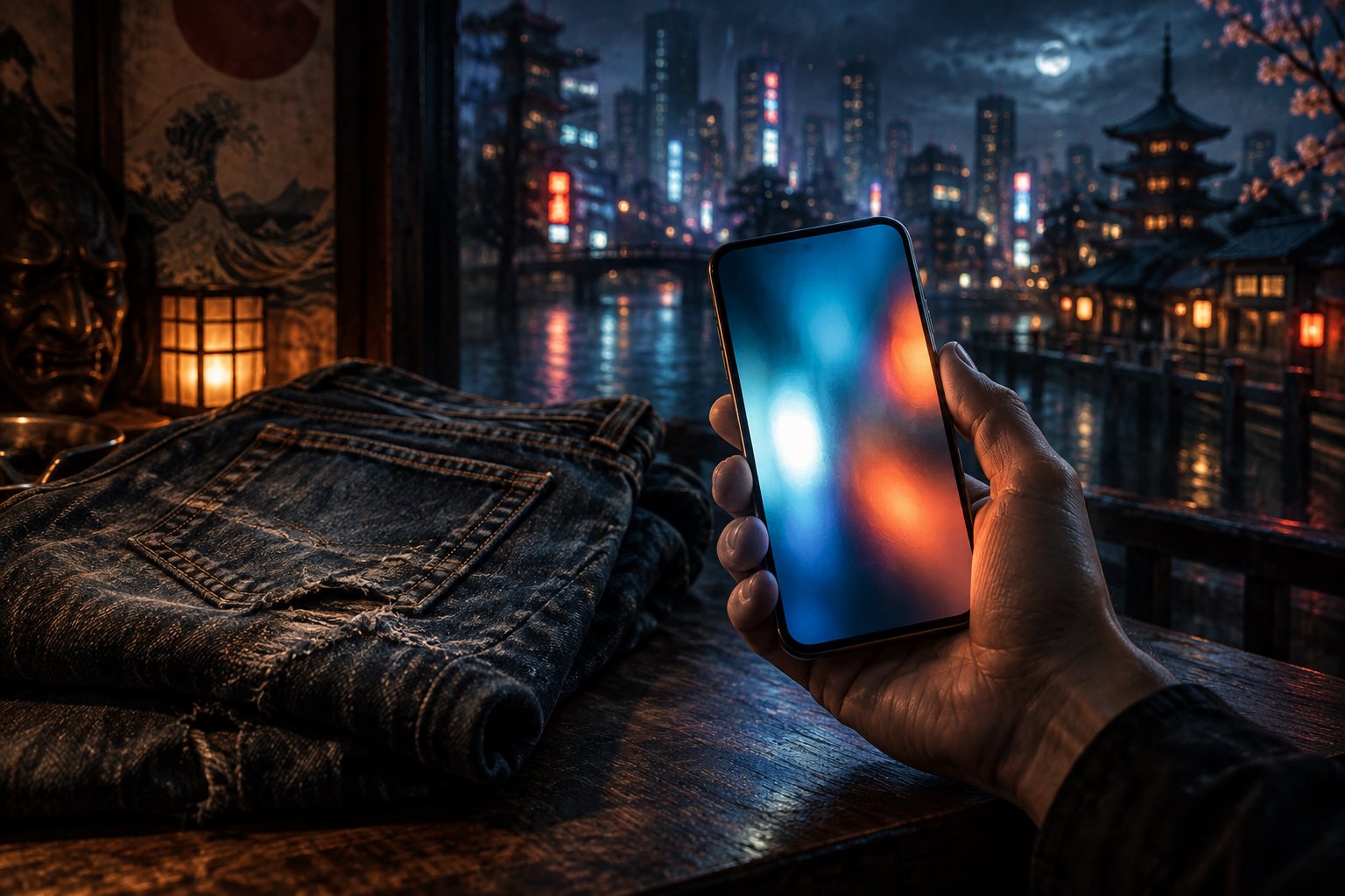 Conceptual illustration of a hand holding a glowing smartphone beside worn denim, overlooking a Japanese city at night.