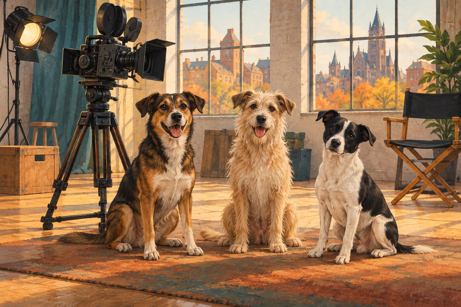 Conceptual illustration of three dogs sitting beside a movie camera in a sunlit audition studio.