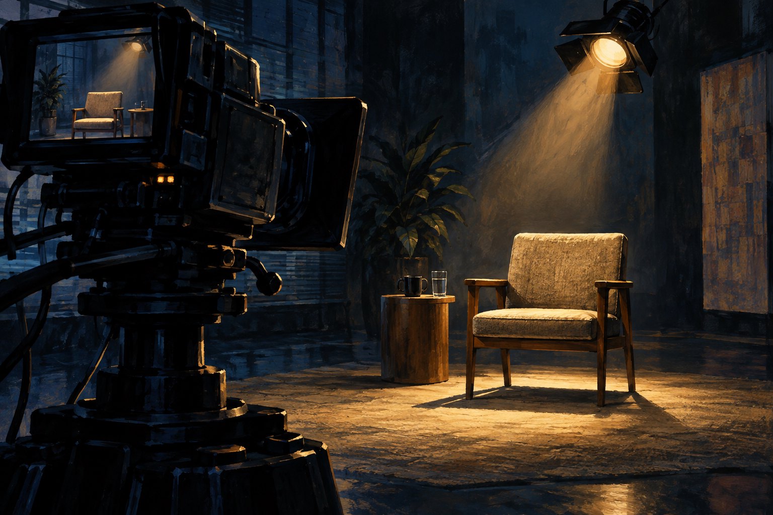 Conceptual illustration of a television camera facing an empty interview chair beneath a warm spotlight.