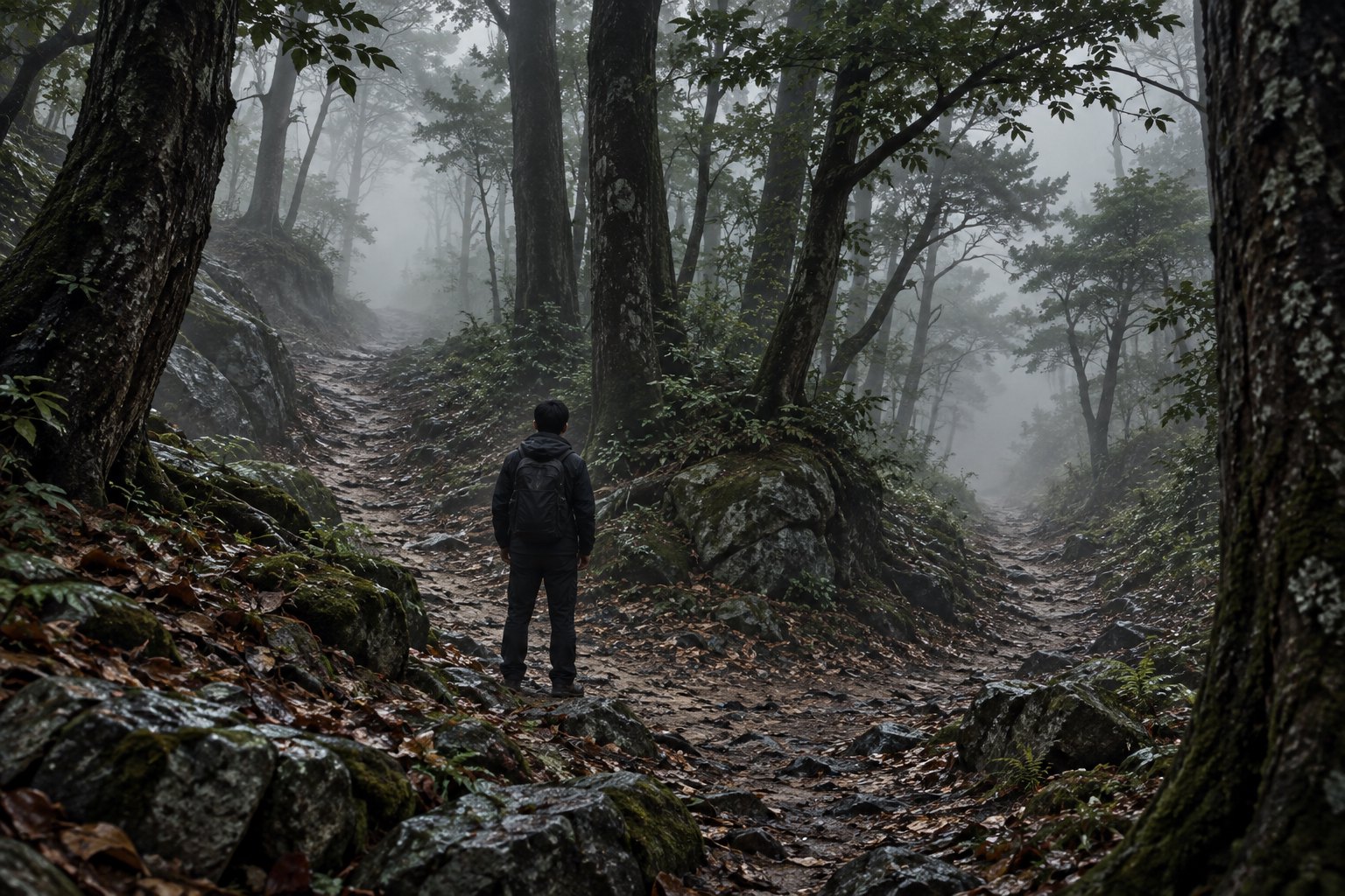 Original thematic illustration of a lone figure facing two misty paths in a dense mountain forest.