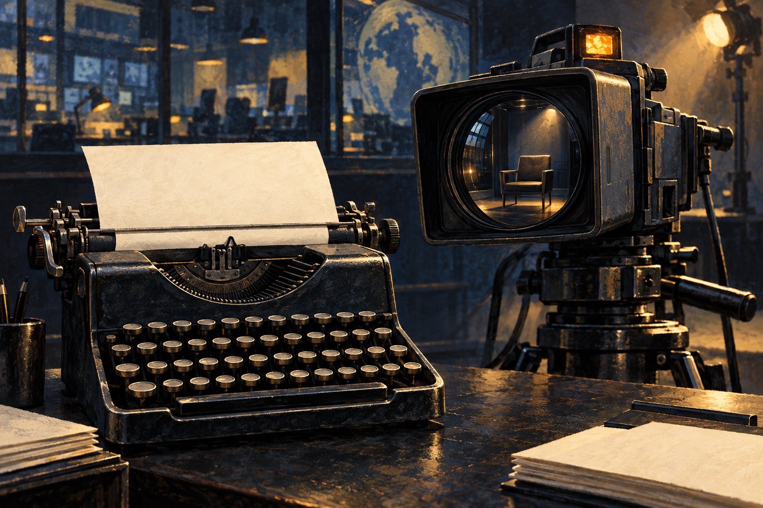 A conceptual illustration pairs a vintage typewriter with a television camera reflecting an empty chair.