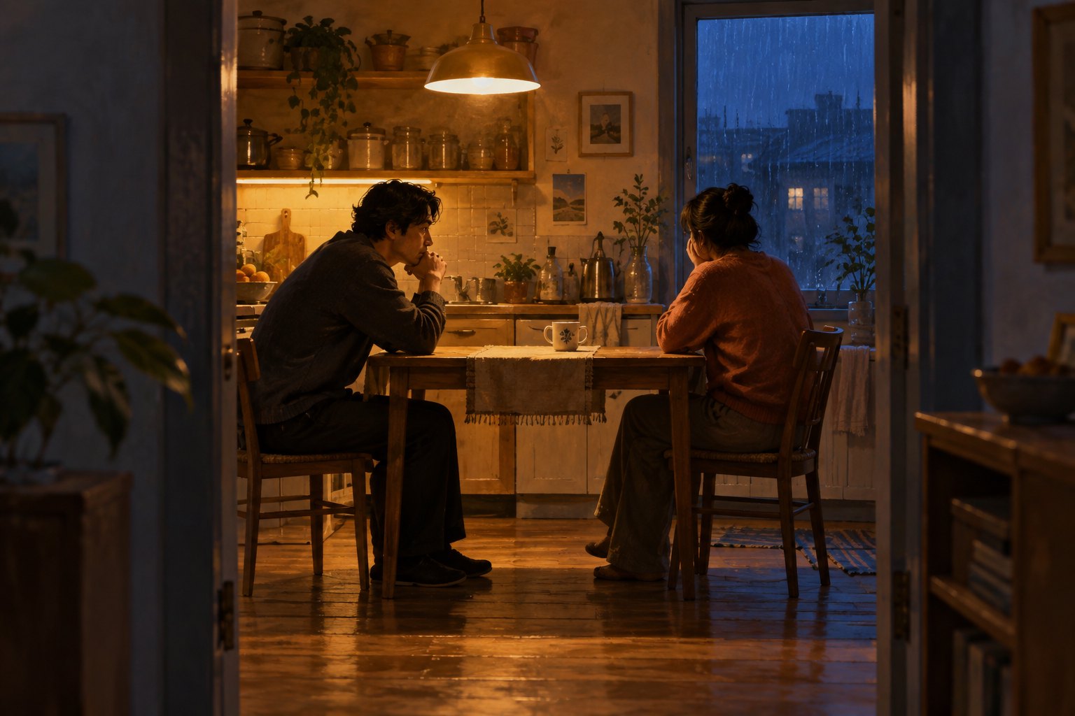 Conceptual illustration of two people sitting apart at a kitchen table beside a rain-streaked window.