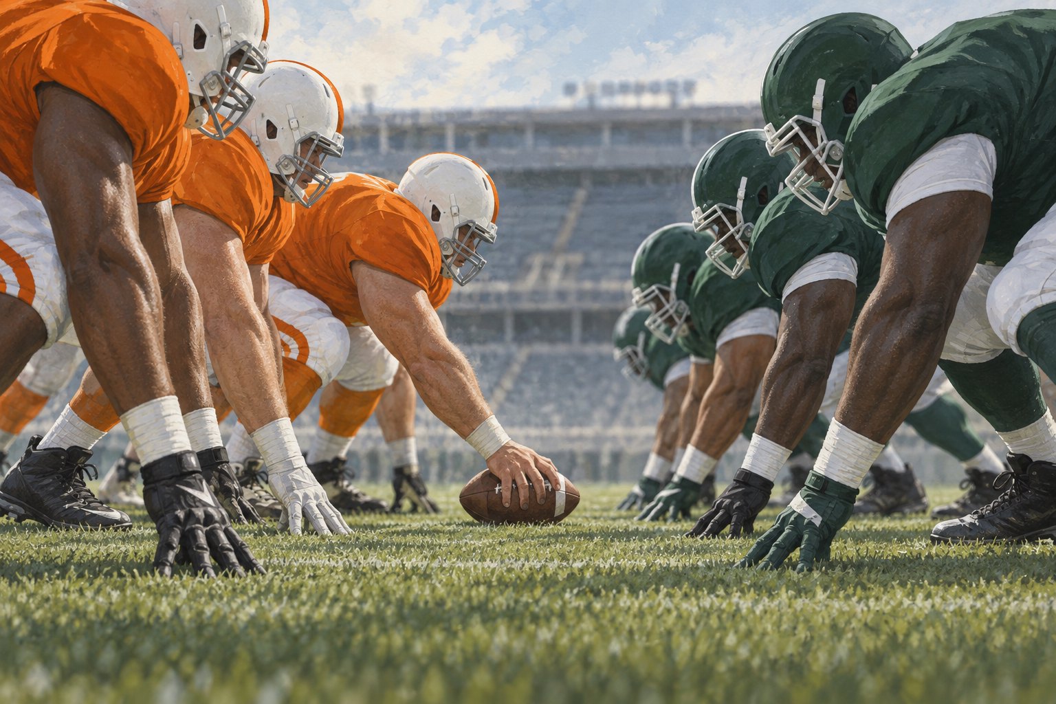 Conceptual illustration of anonymous football linemen in orange and green uniforms facing each other before the snap.