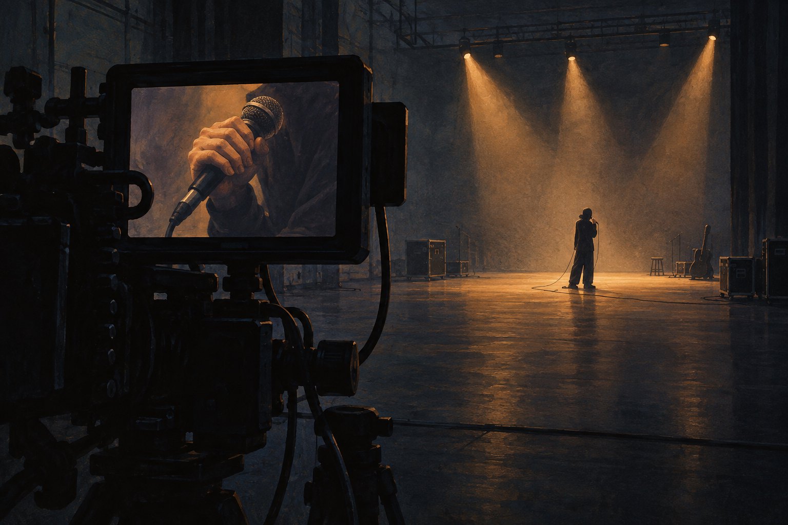 Conceptual illustration of a camera monitor framing a hand holding a microphone while an anonymous performer stands on a distant stage.