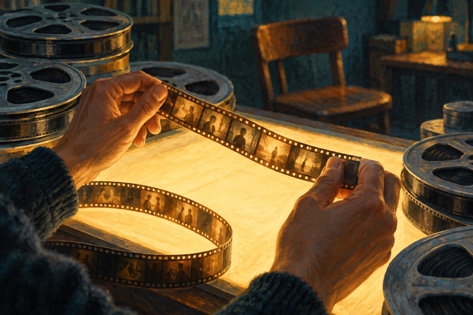 Hands examine a strip of film above an illuminated editing table surrounded by metal reels.