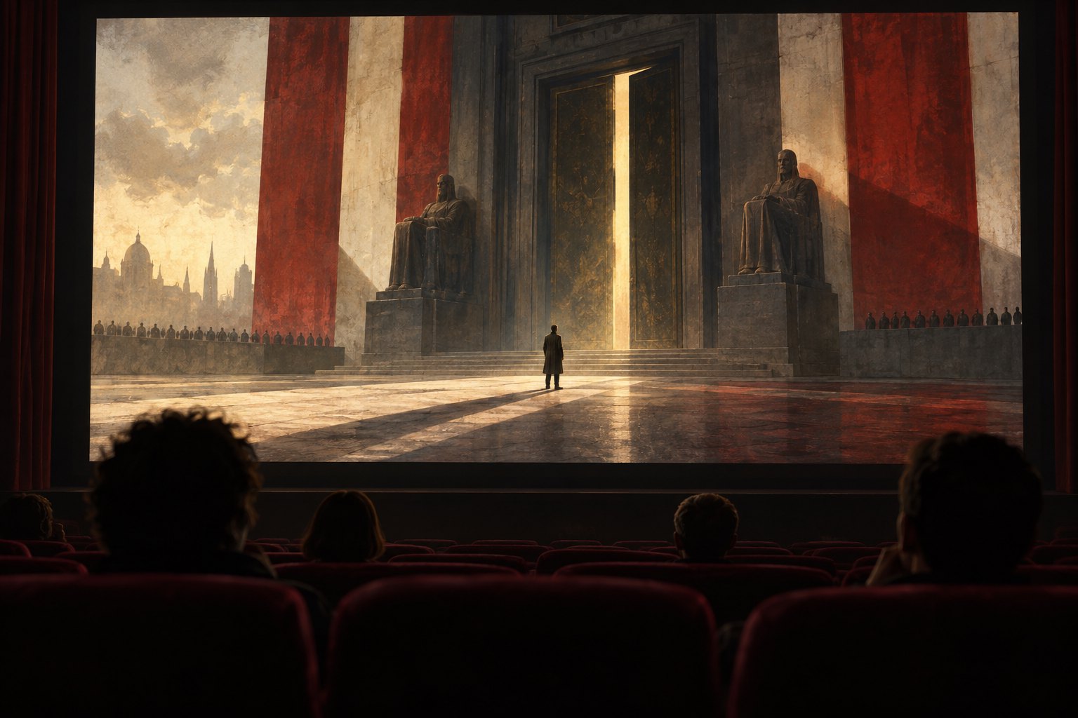 Conceptual illustration of moviegoers watching a solitary figure face a monumental institutional doorway.