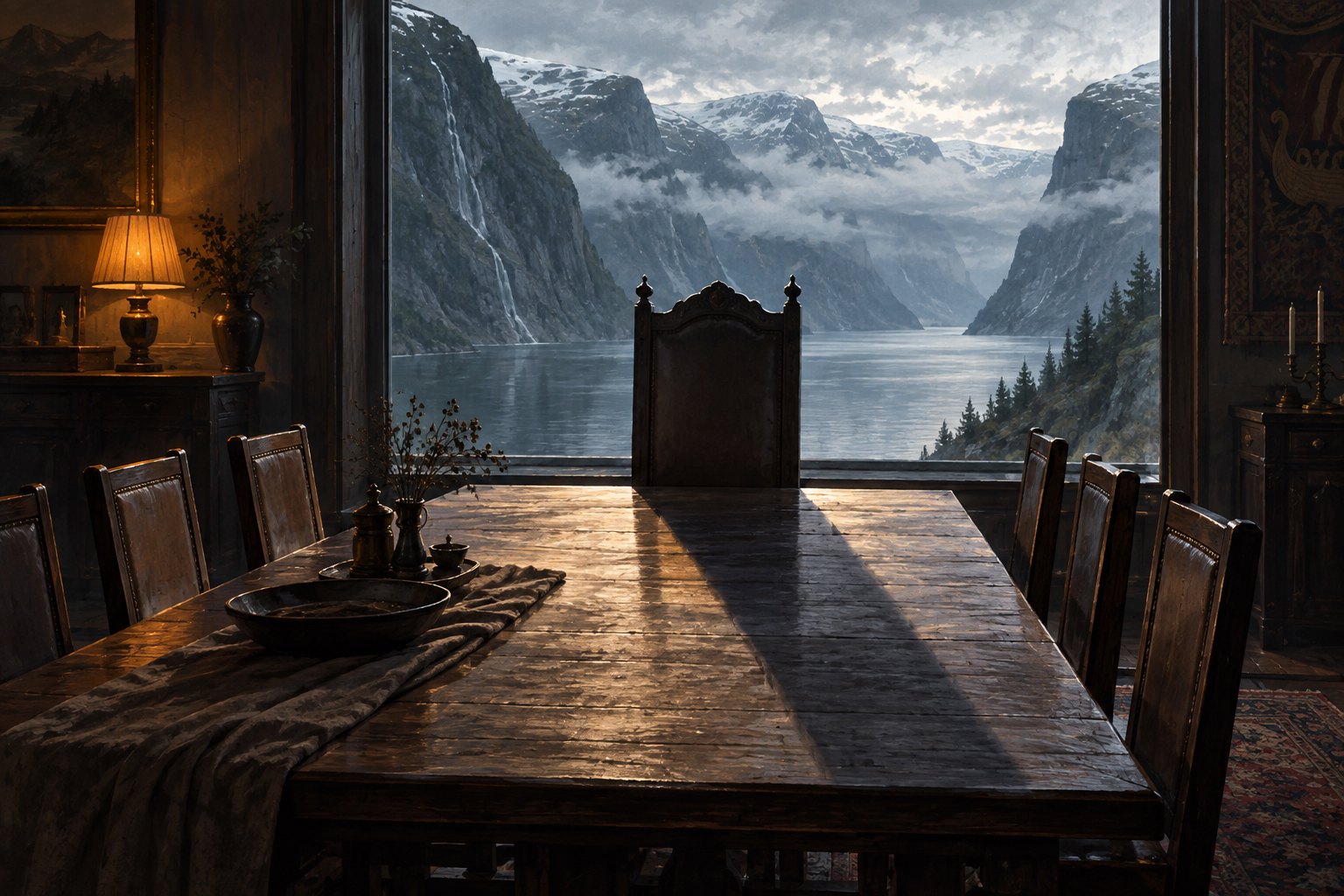 Symbolic illustration of an empty family dining table with a tall chair casting a shadow toward the viewer beside a fjord-facing window.