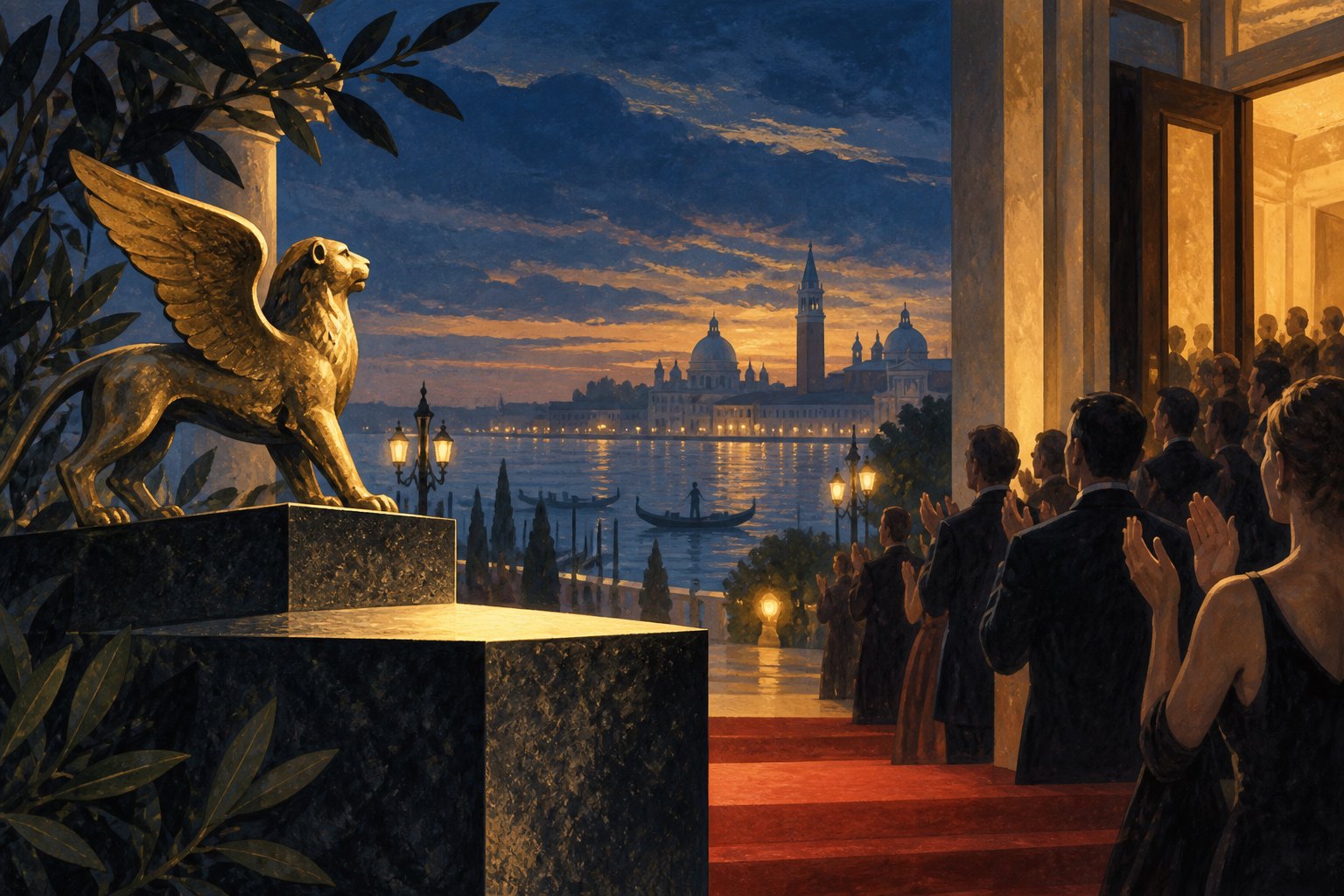 Editorial illustration of a golden winged lion overlooking a Venetian waterfront beside applauding guests at dusk.