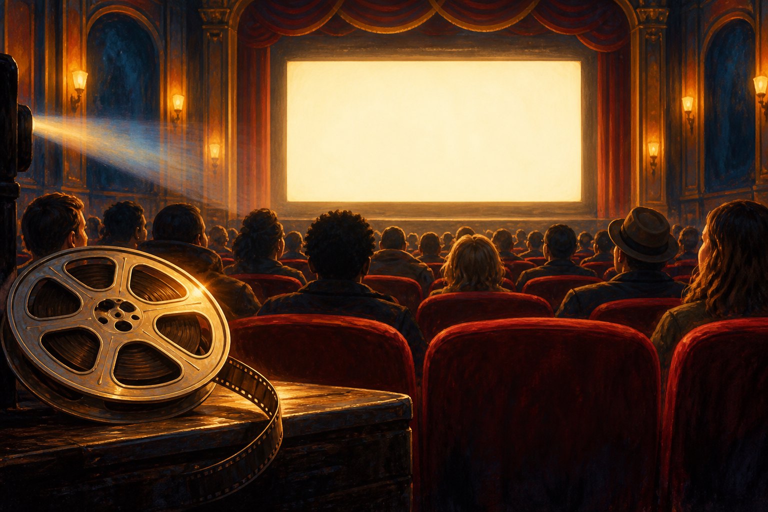 Painterly illustration of an audience facing a glowing cinema screen, with a film reel in the foreground.