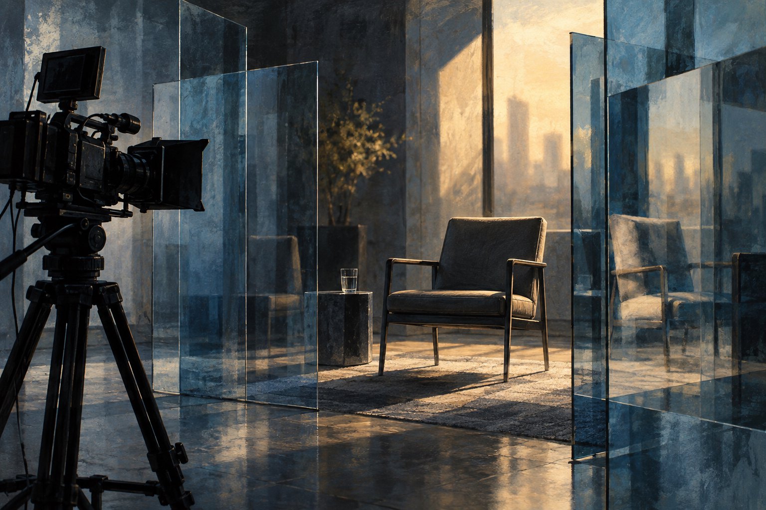Conceptual illustration of a documentary camera facing an empty interview chair reflected in overlapping glass panels.