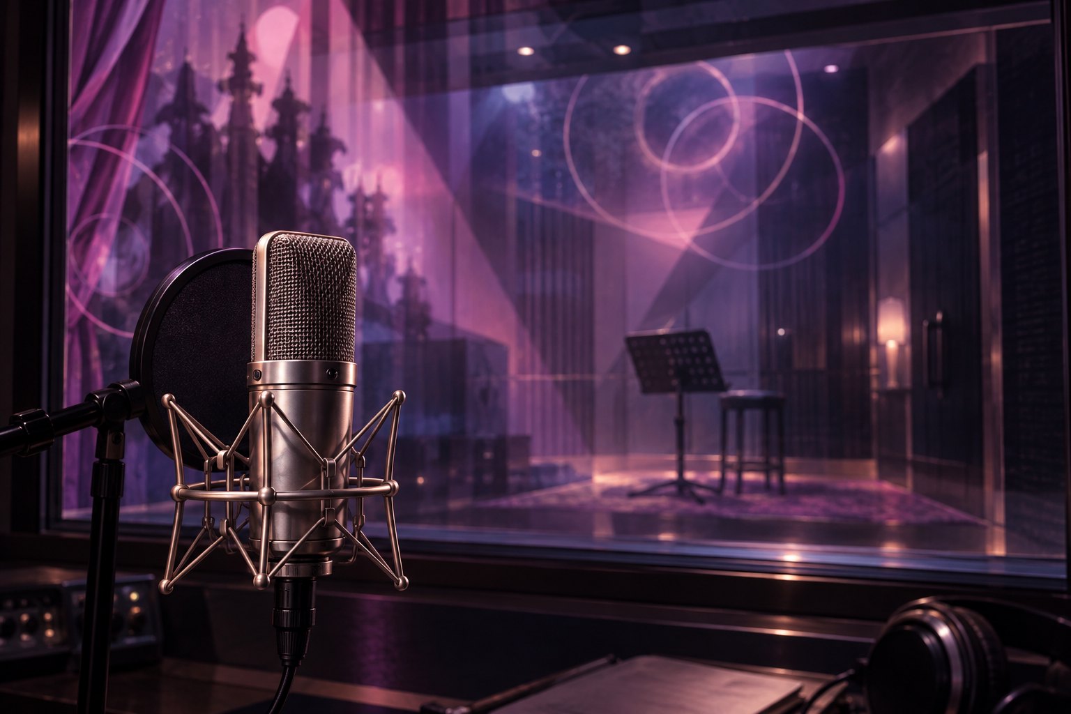 Conceptual illustration of a silver recording microphone beside studio glass illuminated by pink and violet reflections.