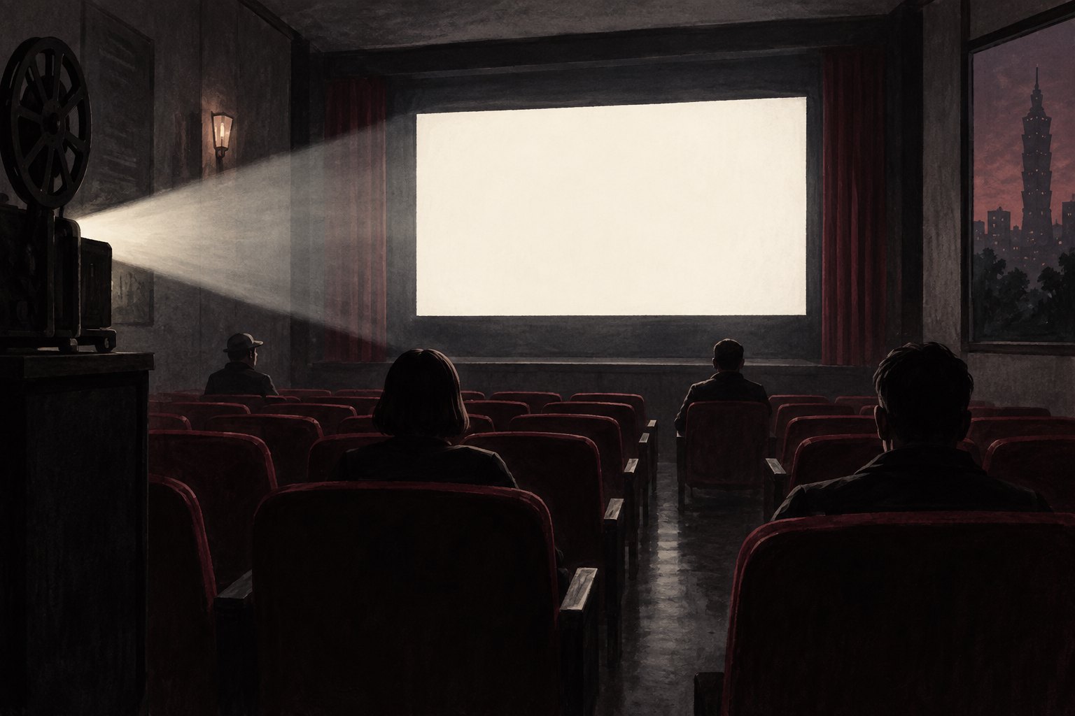 Conceptual illustration of a few viewers facing a blank illuminated screen in a dark theater overlooking Taipei.
