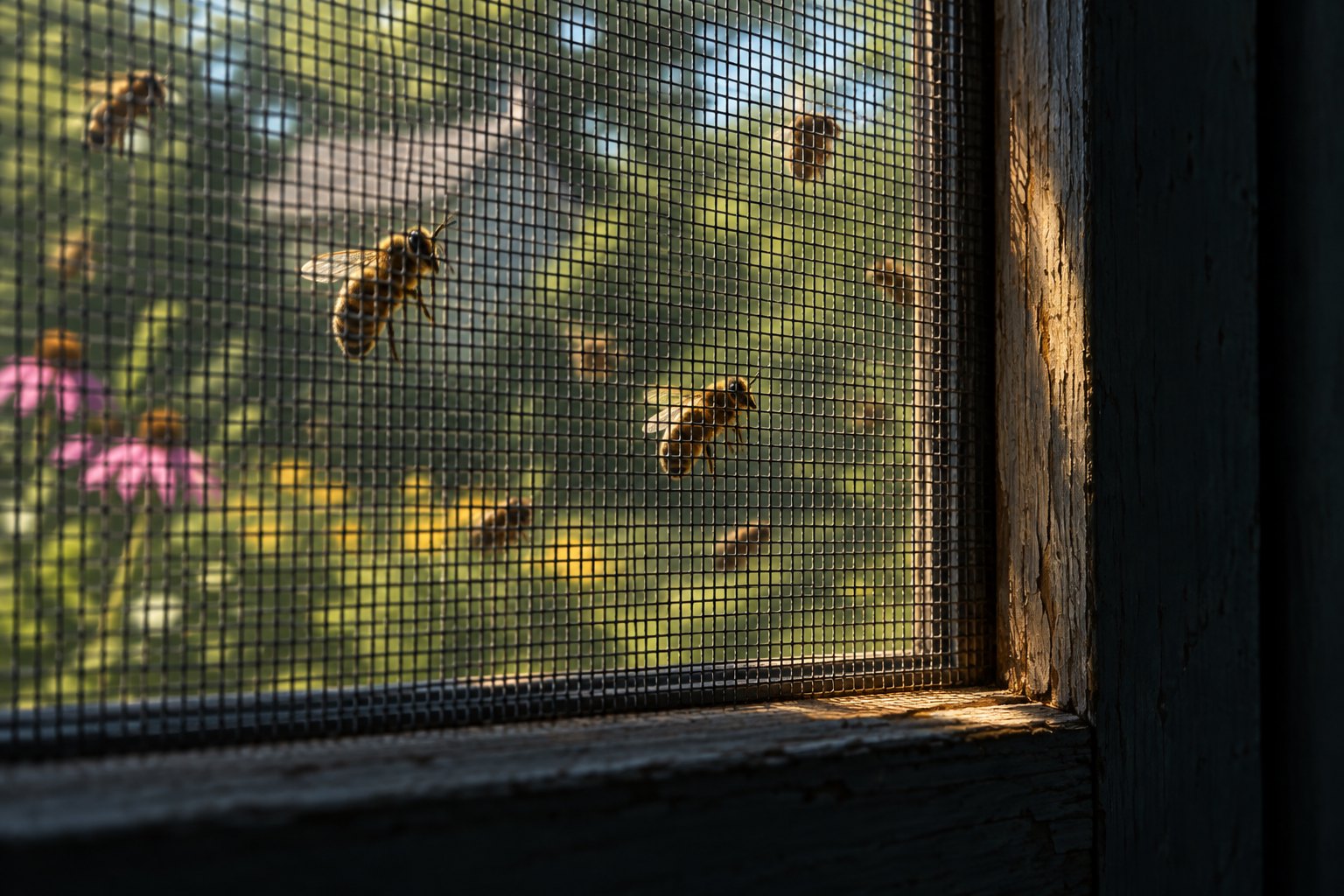 Conceptual illustration of bees beyond a fine window screen, with a sunlit garden outside and a dark interior.