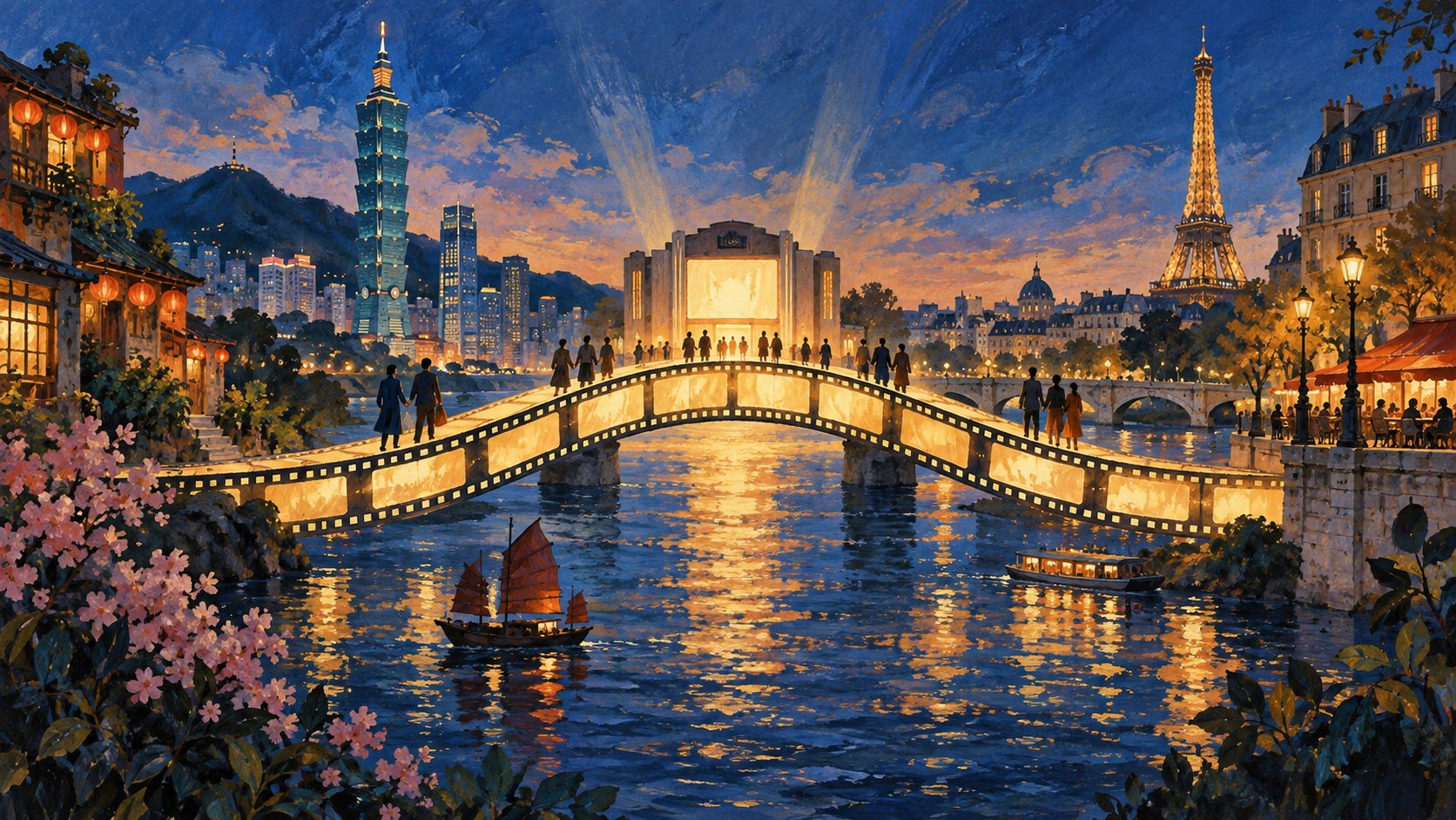 原創概念插畫:發光的膠卷橋連接臺灣與法國城市意象,象徵電影促進交流