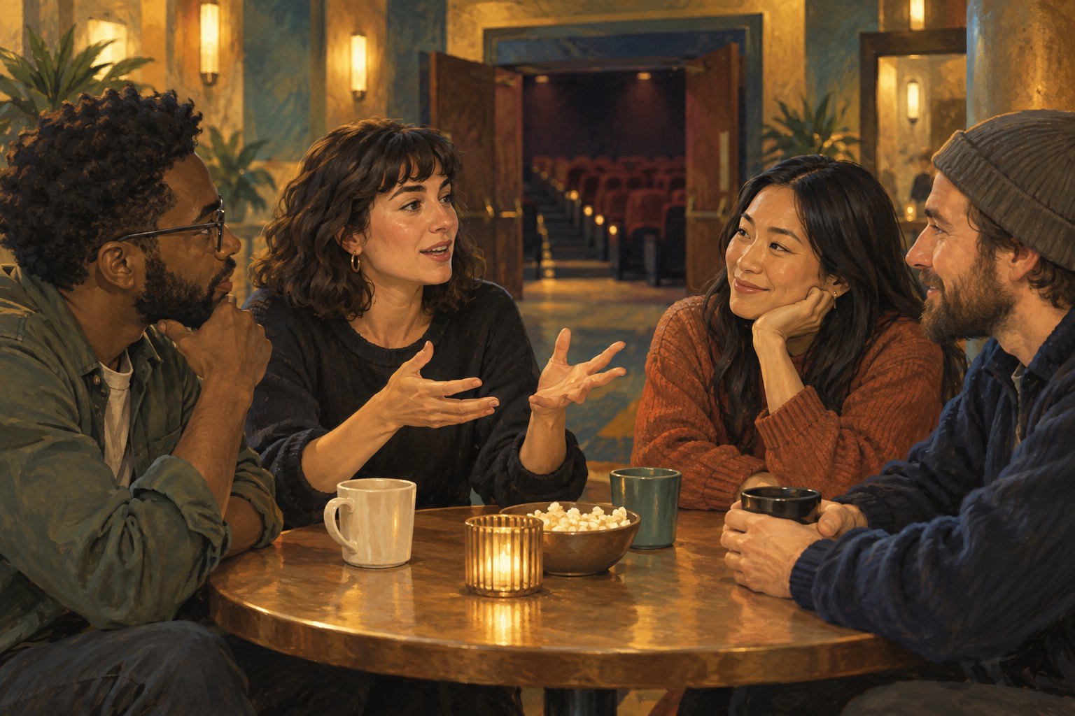 Painterly illustration of four friends discussing a movie around a table in a warmly lit cinema lobby.