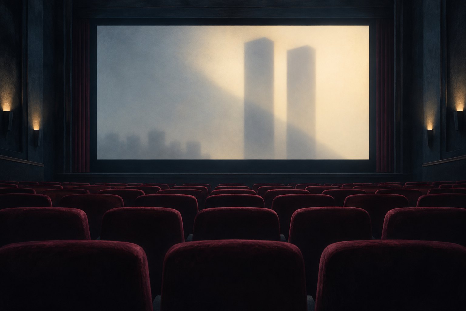 Illustration of an empty cinema facing a luminous screen with two tall rectangular shadows.