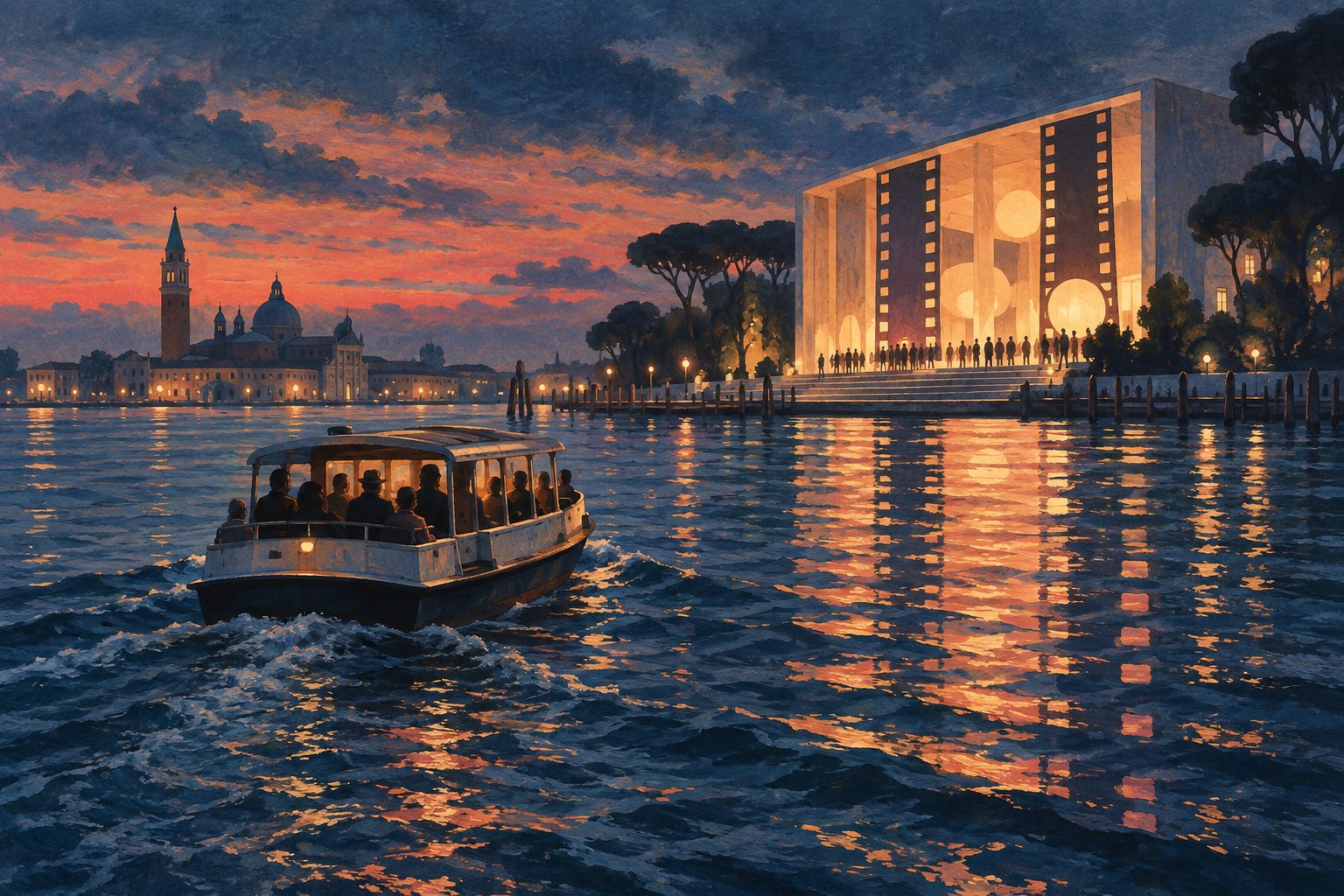 An illustrated passenger boat crosses a Venetian lagoon at sunset toward an imagined illuminated cinema pavilion.