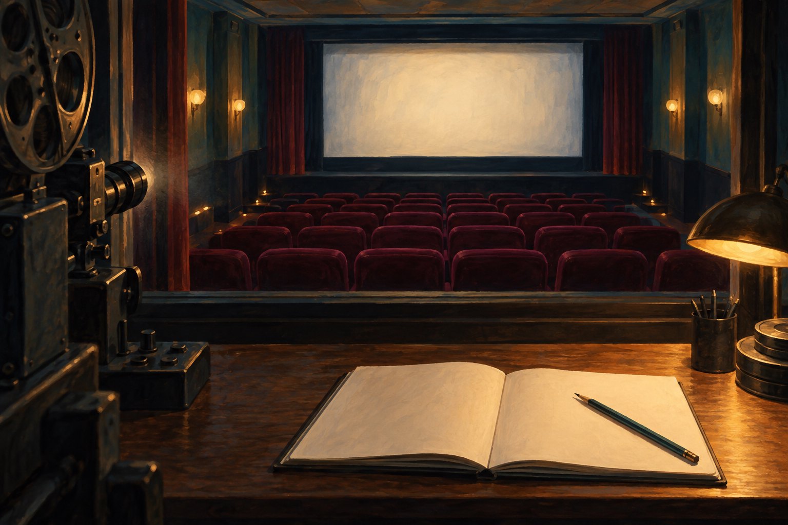 Editorial illustration of an open notebook and pencil in a projection booth overlooking an empty cinema.