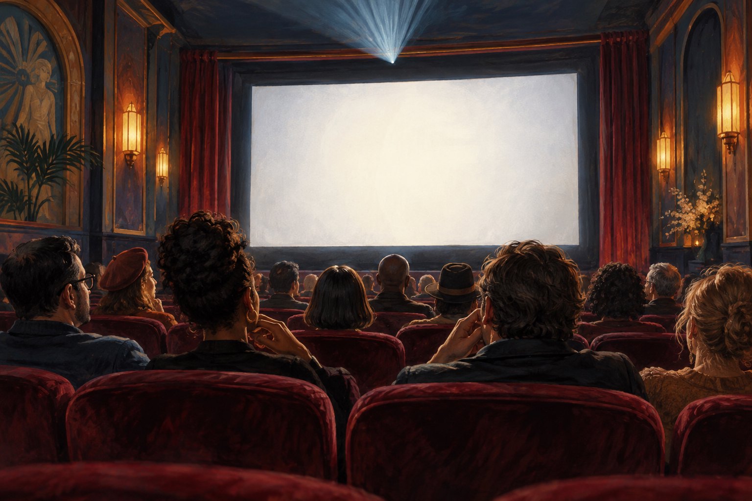 Painterly illustration of an audience facing a glowing blank screen in a warmly decorated movie theater.