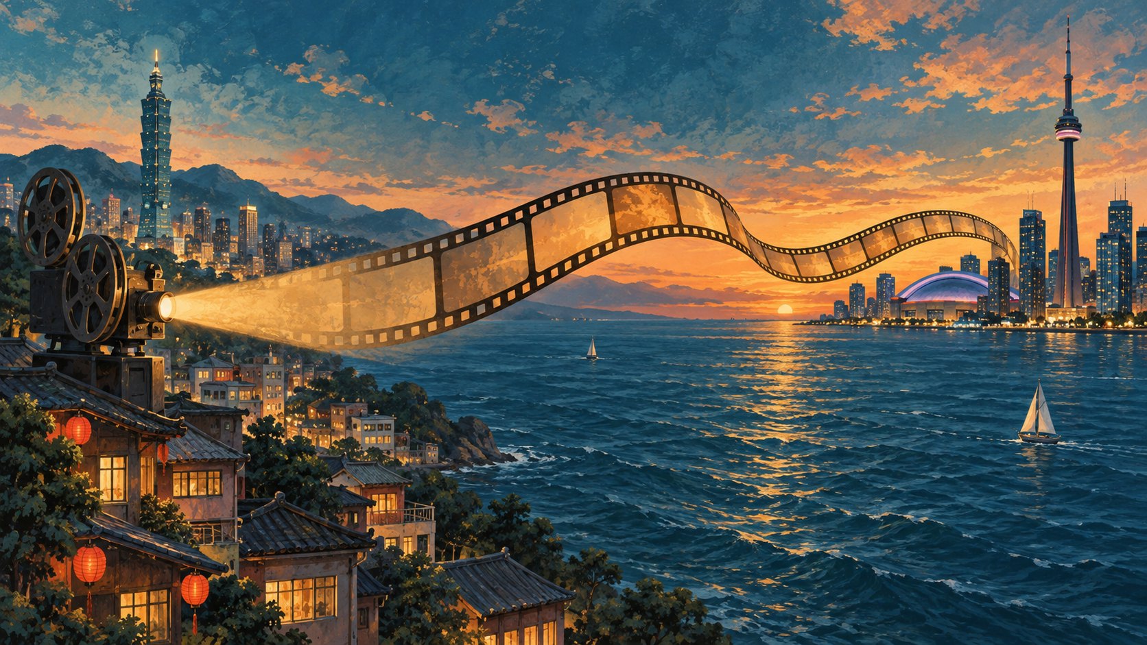 電影膠卷跨越海面,串起台灣街景與多倫多天際線的概念插畫