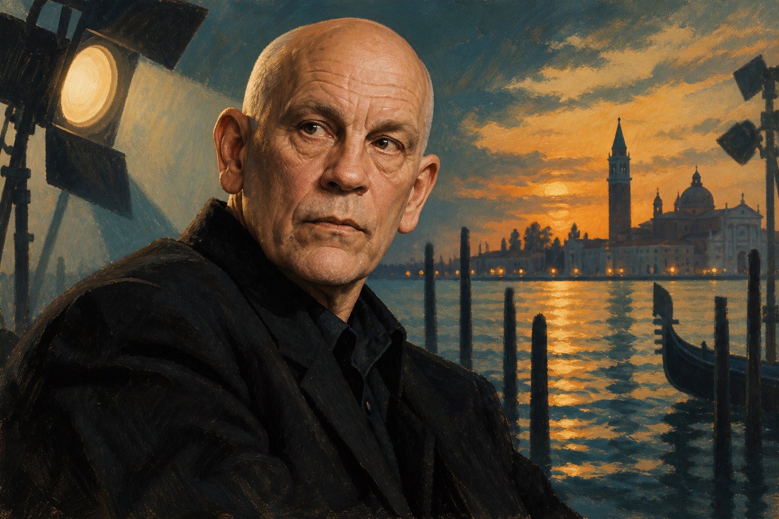 Painterly portrait of John Malkovich against a Venetian lagoon at twilight, framed by cinema lights.