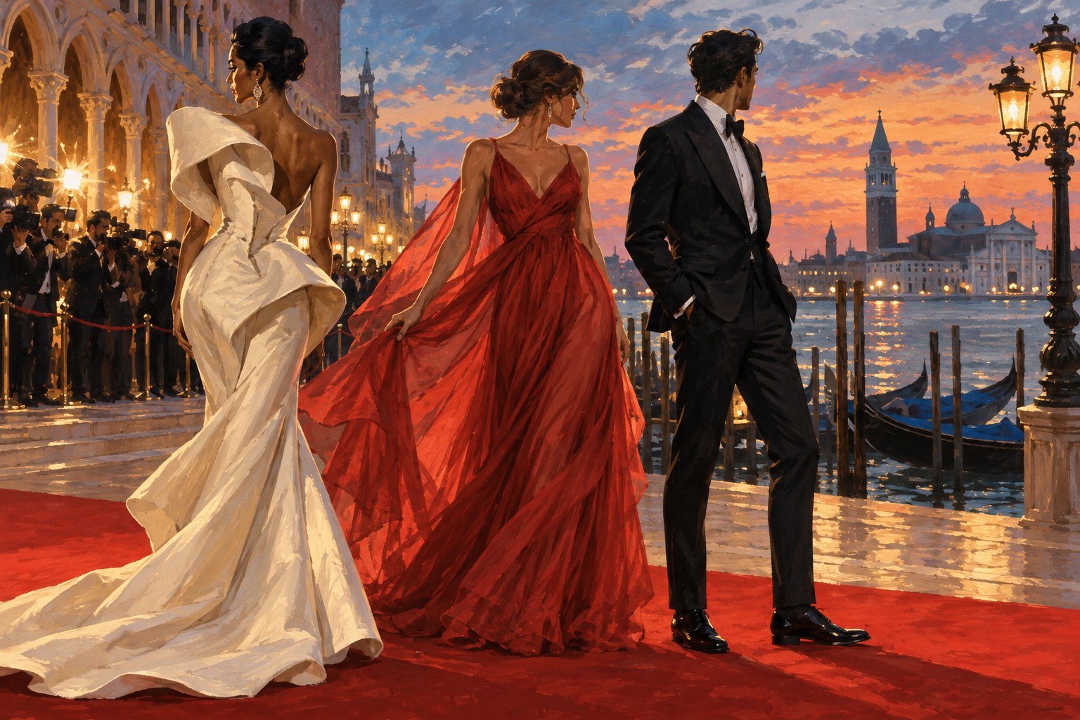 Conceptual illustration of three fictional guests in evening wear on a Venice-inspired waterfront red carpet at sunset.