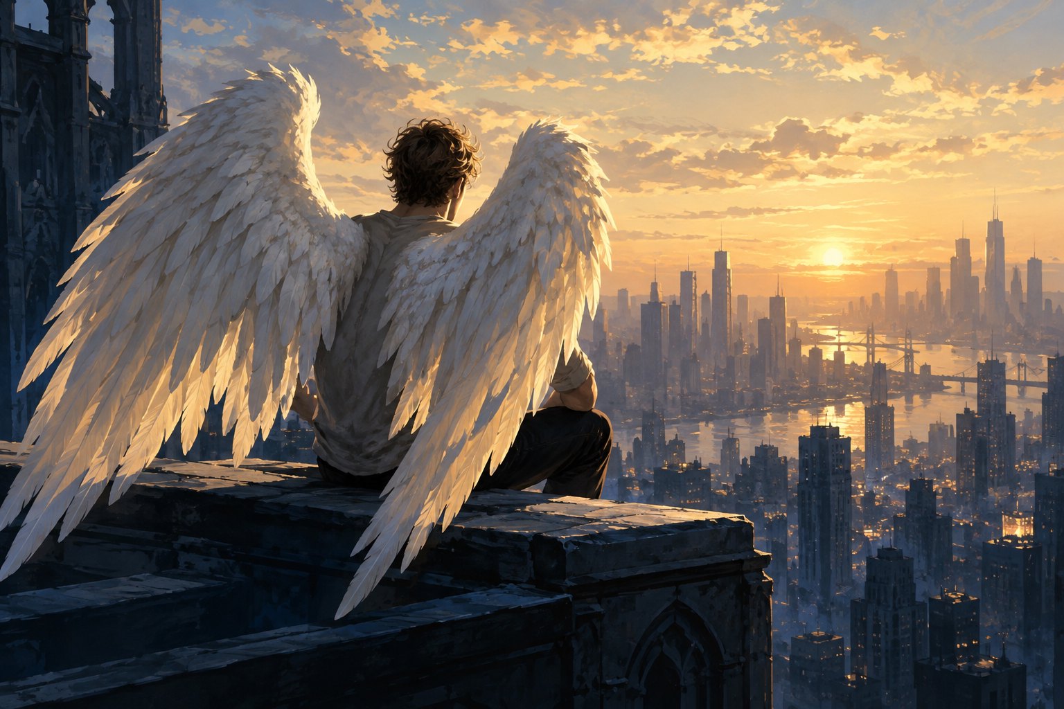 Conceptual illustration of a young man with white feathered wings sitting on a rooftop above a city at sunrise.