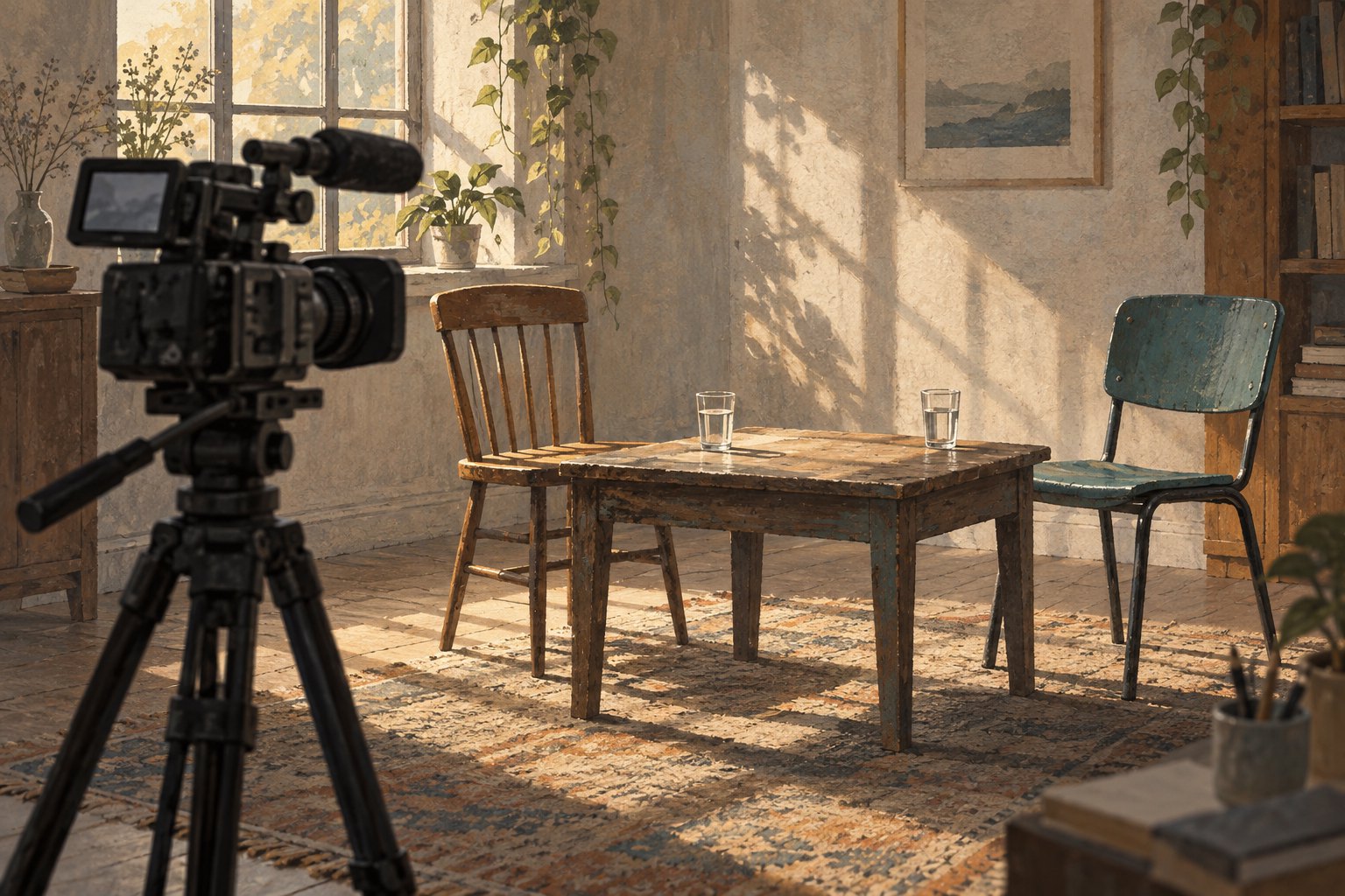 Conceptual illustration of a documentary camera aimed toward two empty chairs and a worn wooden table in a sunlit room.