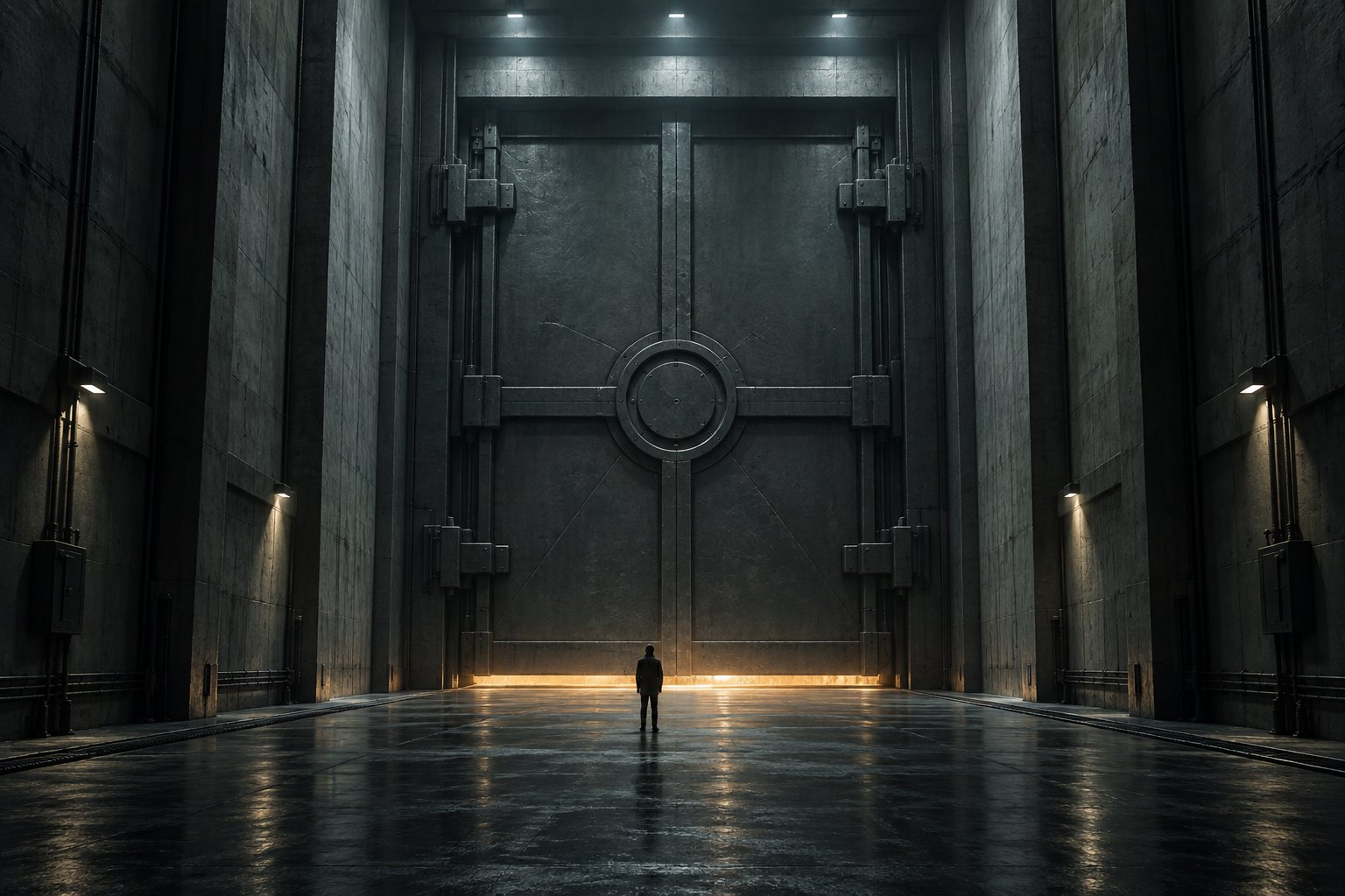 Conceptual illustration of a lone figure facing an enormous steel door with amber light glowing beneath it.