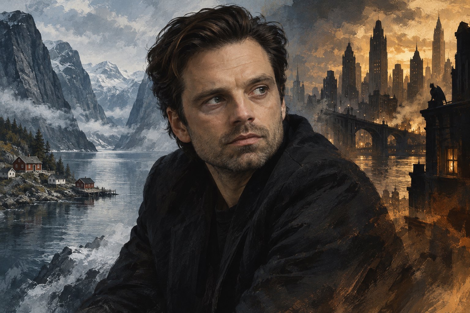 Painterly portrait of Sebastian Stan between a misty Norwegian fjord and a shadowy city skyline.