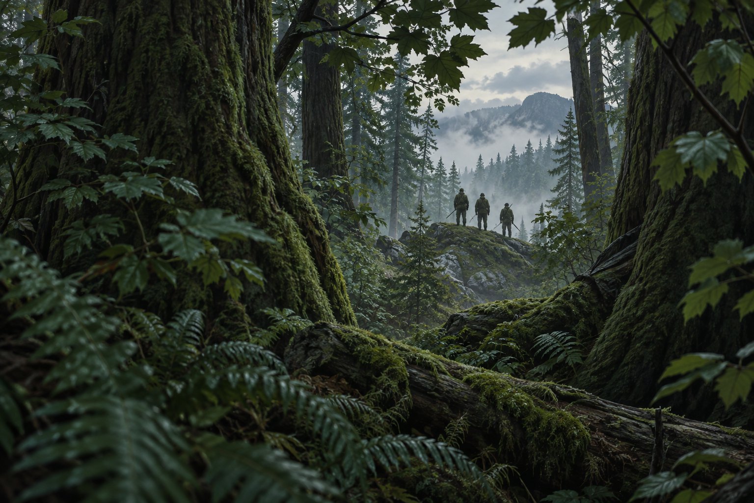 Concept illustration of three hunters on a misty forest ridge, viewed through massive trees and dense foliage.