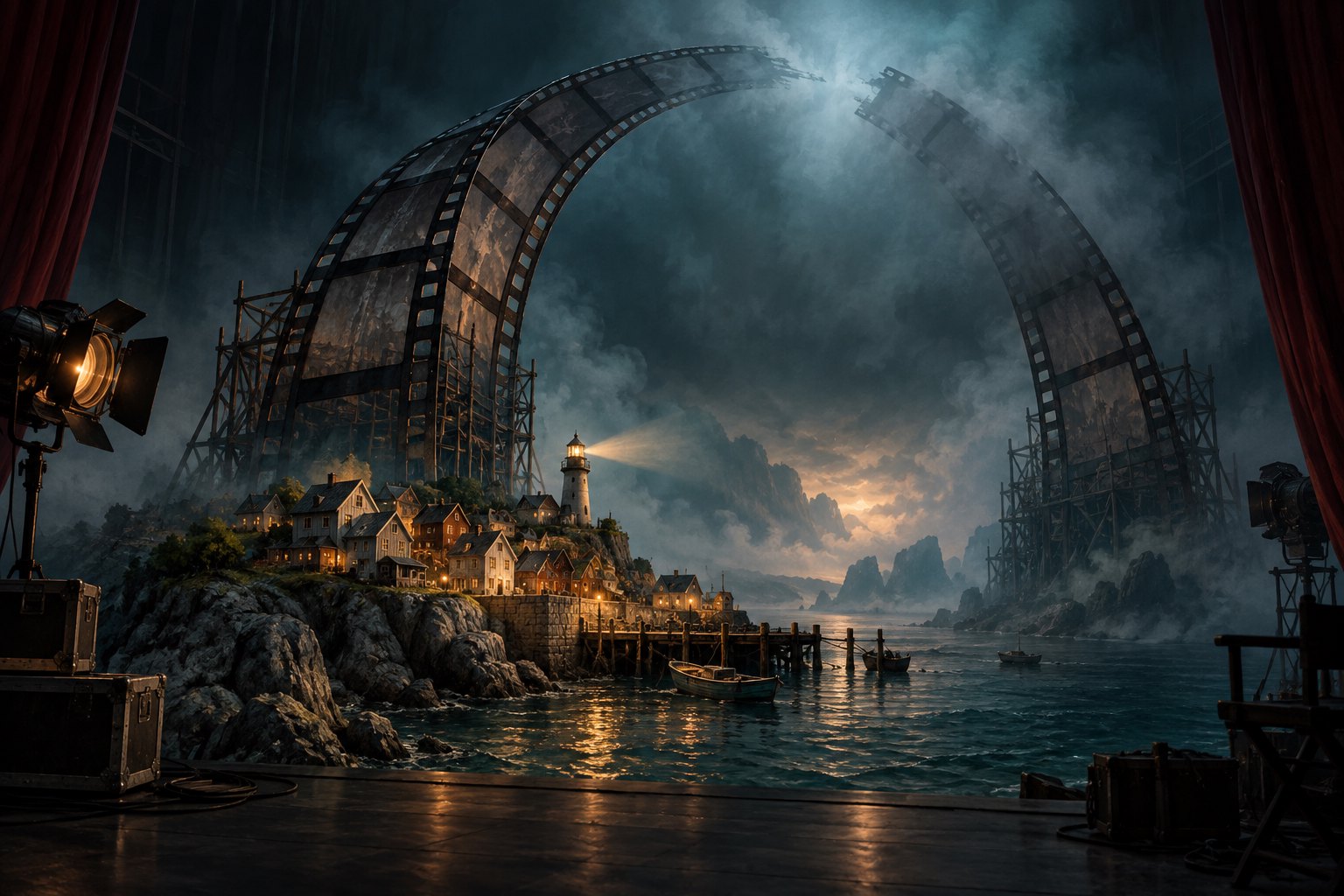 Conceptual illustration of a miniature coastal village beneath an unfinished arch of film strips on a dark cinema stage.