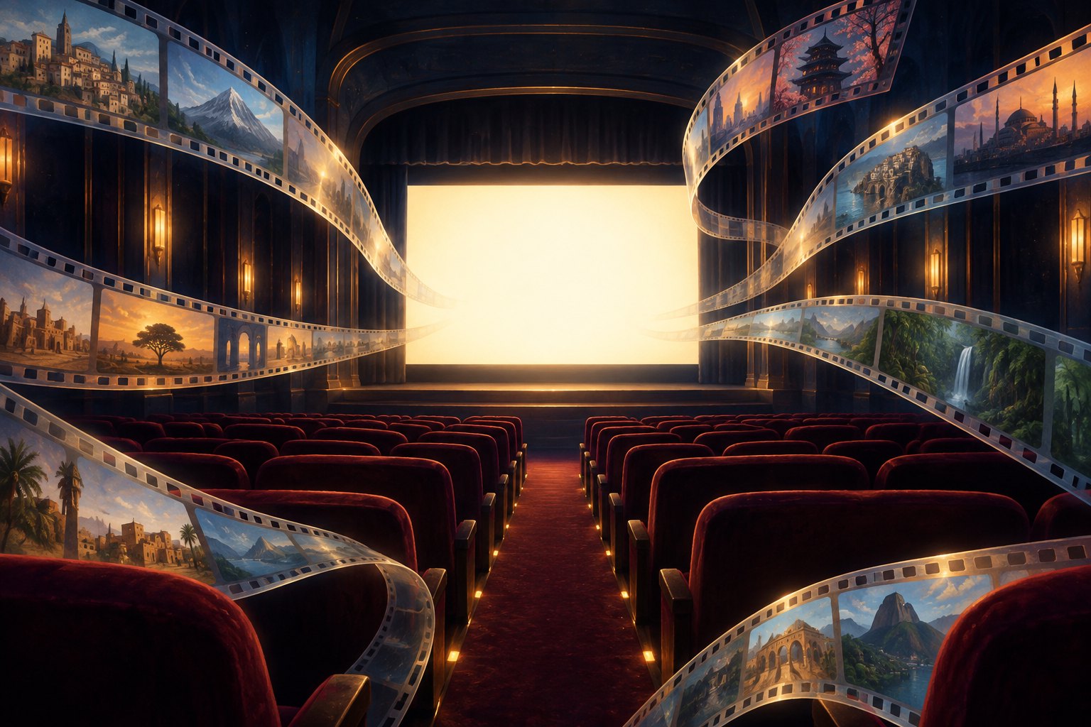 Illustration of film strips displaying landscapes sweeping toward a glowing screen above burgundy theater seats.